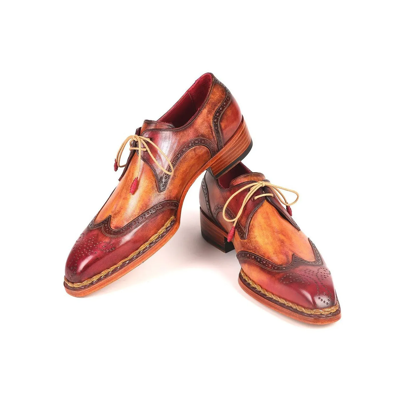 Paul Parkman 8506-CML Men's Shoes Red & Camel Calf-Skin Leather Norwegian Derby Oxfords(PM6264)