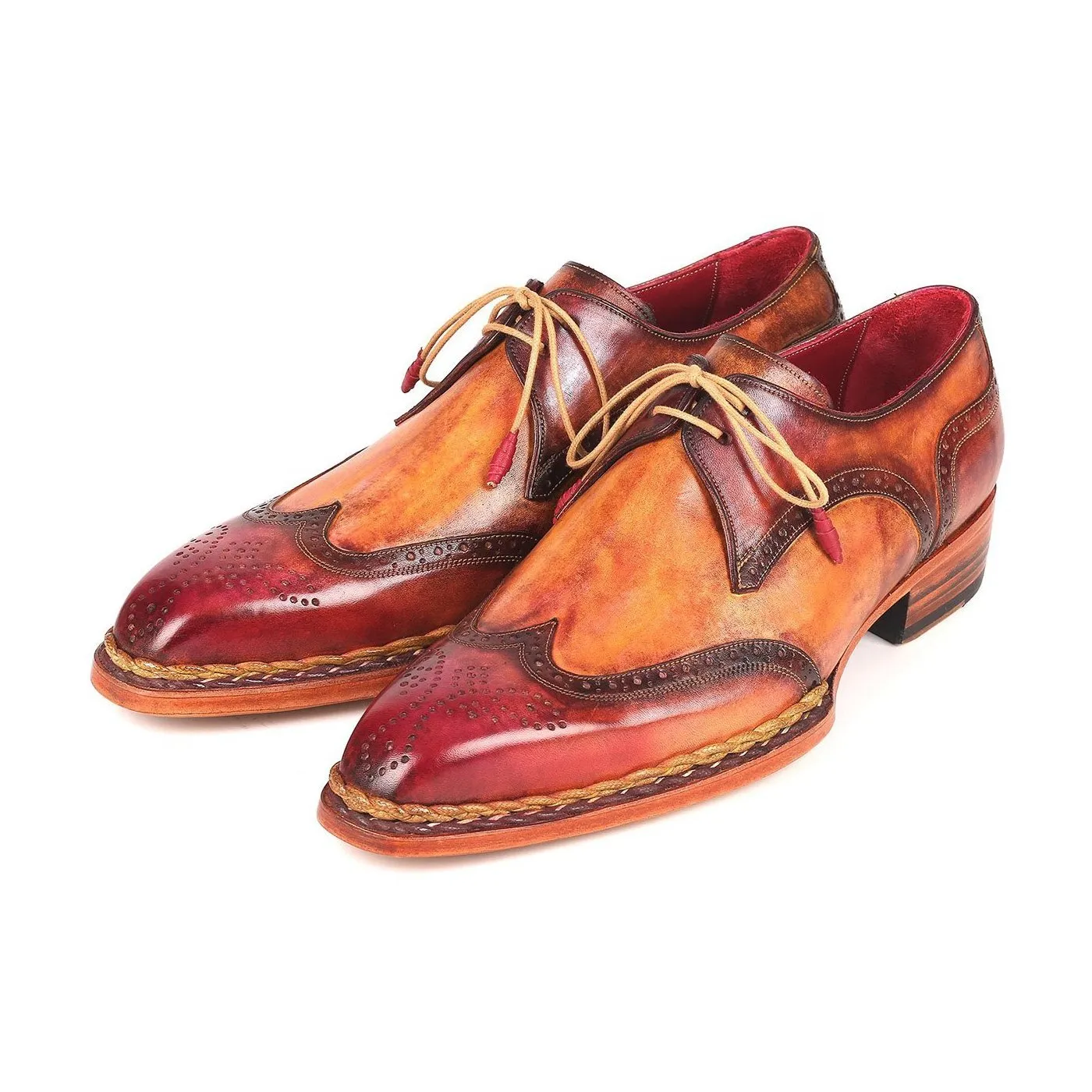 Paul Parkman 8506-CML Men's Shoes Red & Camel Calf-Skin Leather Norwegian Derby Oxfords(PM6264)