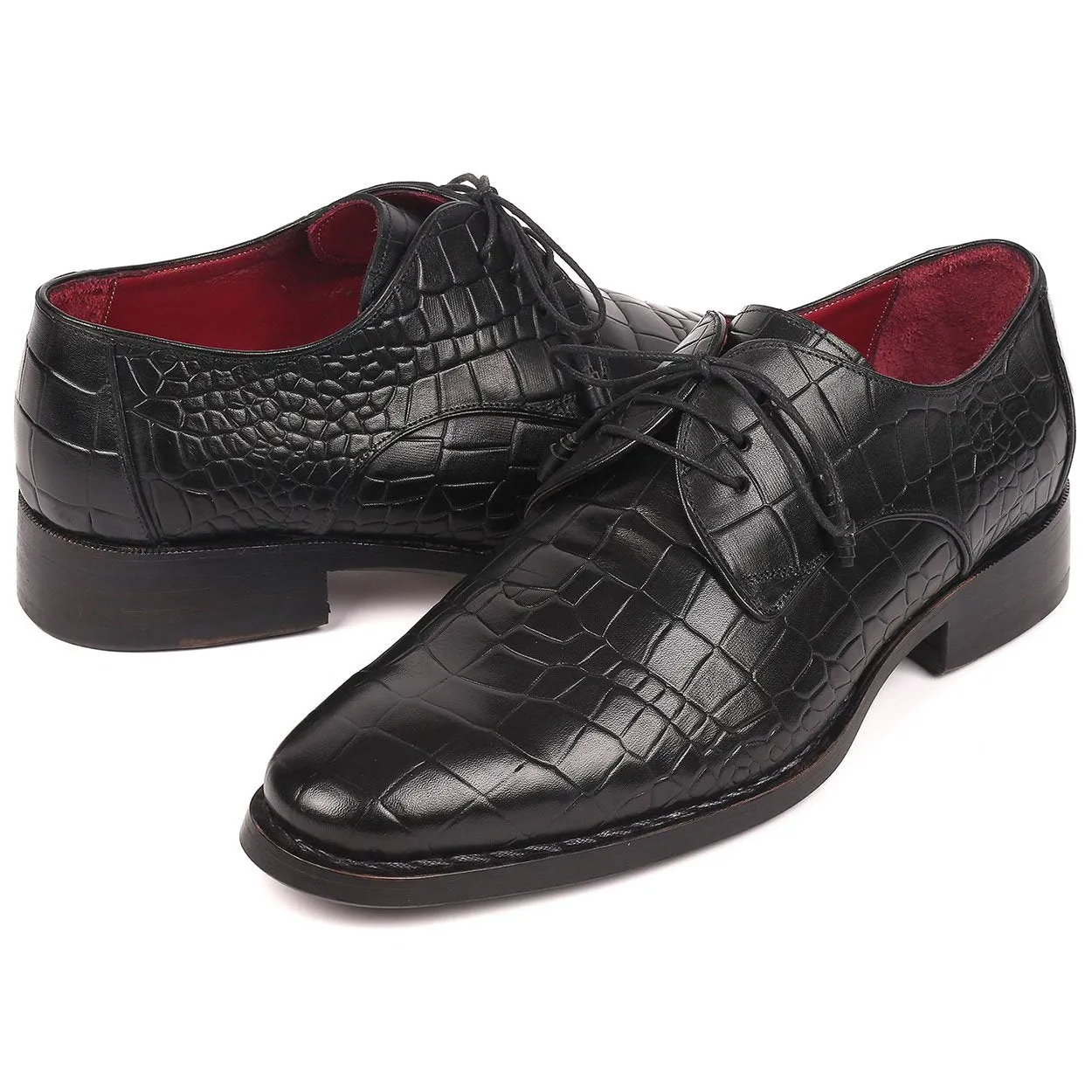 Paul Parkman Men's Black Crocodile Print / Calf-Skin Leather Good Year Welted Derby Oxfords 5254BLK (PM6162)