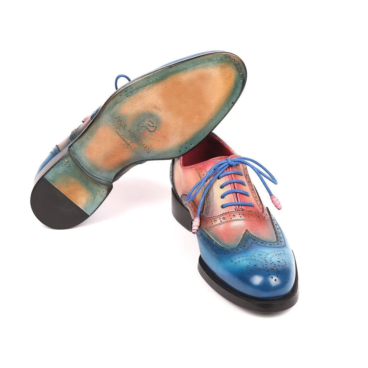 Paul Parkman Men's Blue & Pink Calf-Skin Leather Wing-tip Good Year Welted Oxfords 027-BLUPNK (PM6174)