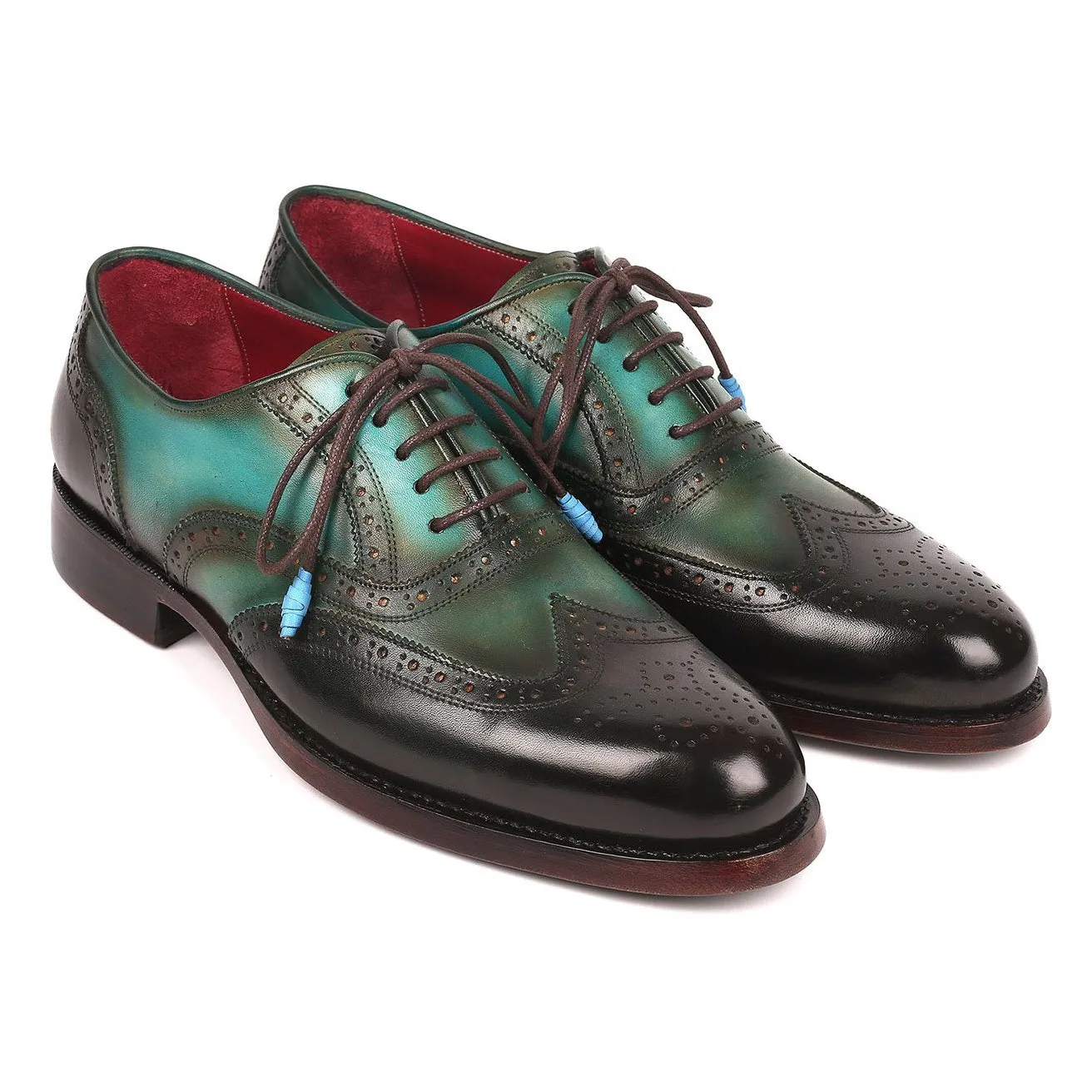 Paul Parkman Men's Brown & Green Calf-Skin Leather Wing-tip Good Year Welted Oxfords 027-BRWGRN (PM6175)