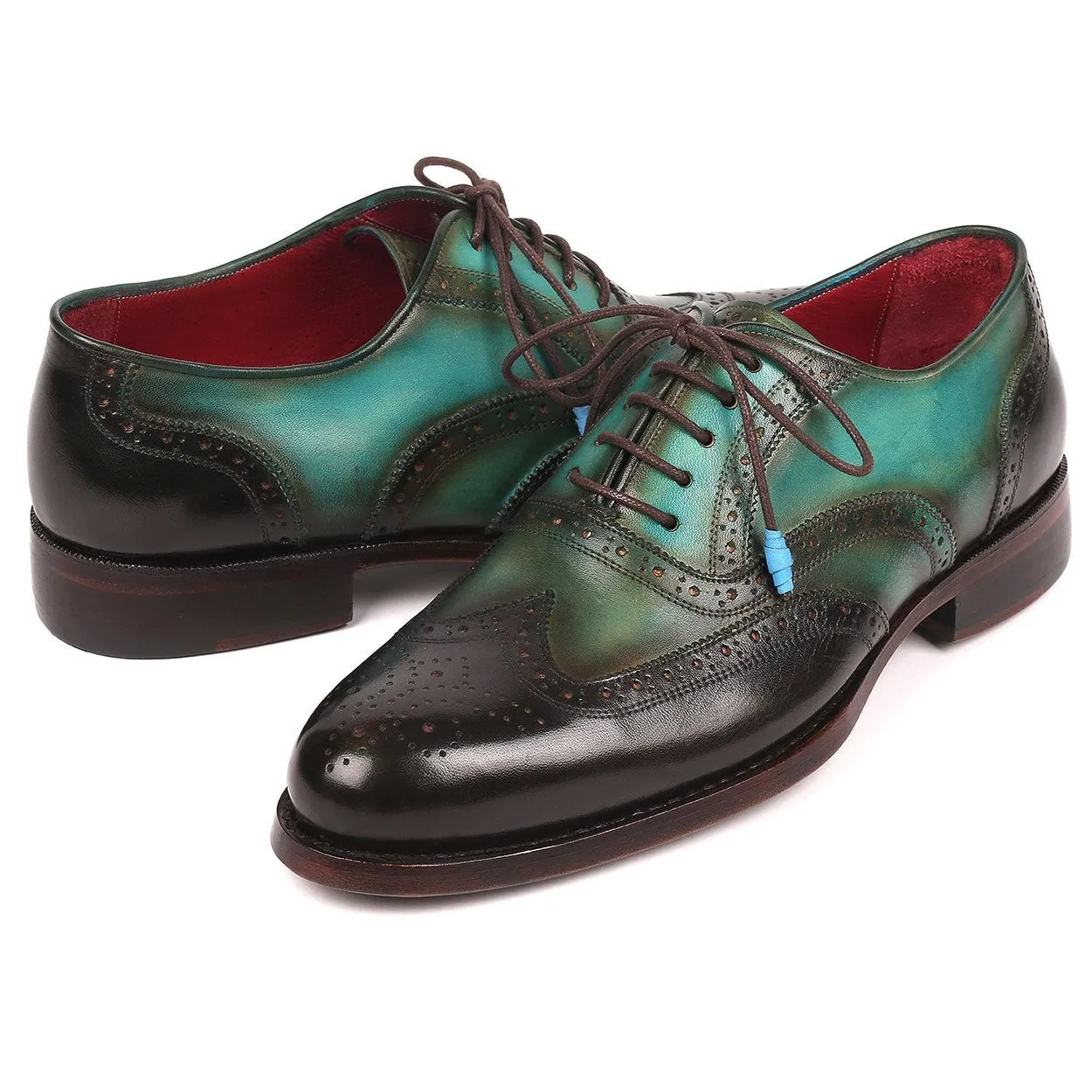 Paul Parkman Men's Brown & Green Calf-Skin Leather Wing-tip Good Year Welted Oxfords 027-BRWGRN (PM6175)