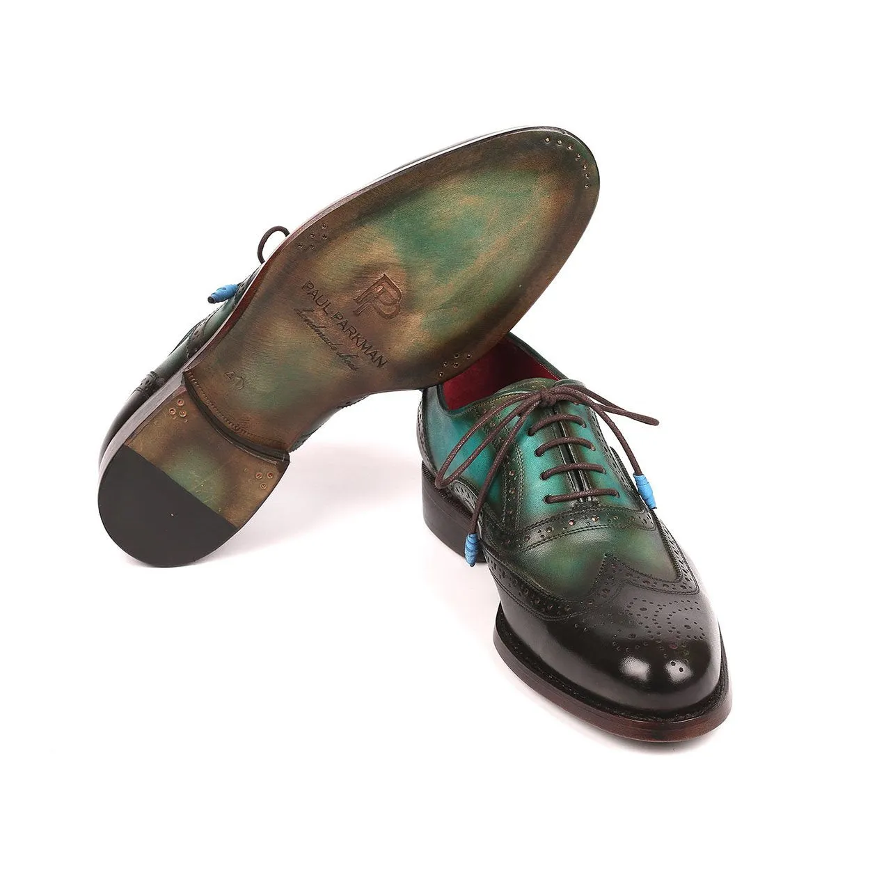 Paul Parkman Men's Brown & Green Calf-Skin Leather Wing-tip Good Year Welted Oxfords 027-BRWGRN (PM6175)