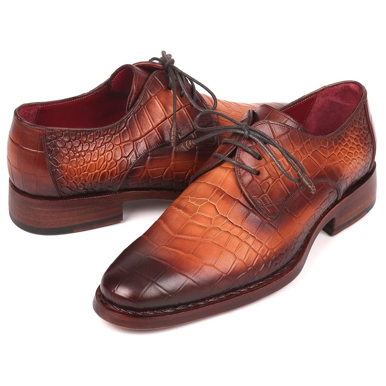 Paul Parkman Men's Brown Crocodile Print / Calf-Skin Leather Good Year Welted Derby Oxfords 5286BRW (PM6176)