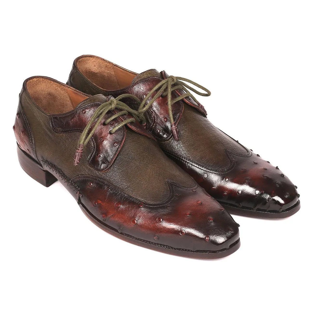 Paul Parkman Men's Designer Shoes Brown & Green Ostrich-Skin / Calf-Skin Leather Wing-Tip Oxfords 844H389 (PM6204)