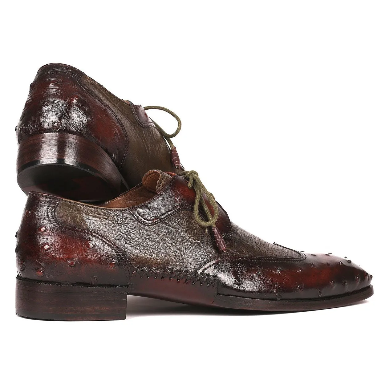 Paul Parkman Men's Designer Shoes Brown & Green Ostrich-Skin / Calf-Skin Leather Wing-Tip Oxfords 844H389 (PM6204)