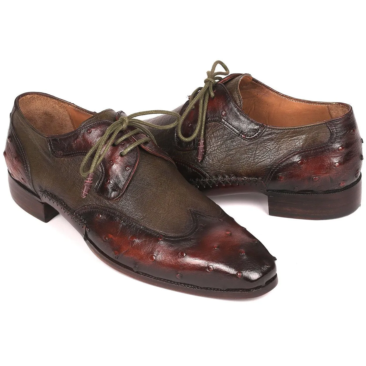 Paul Parkman Men's Designer Shoes Brown & Green Ostrich-Skin / Calf-Skin Leather Wing-Tip Oxfords 844H389 (PM6204)