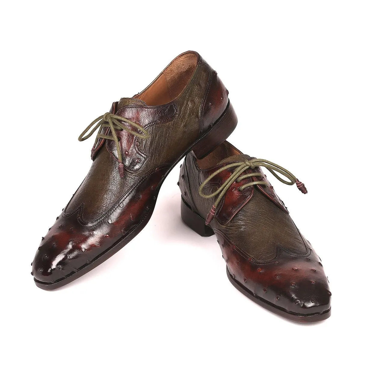 Paul Parkman Men's Designer Shoes Brown & Green Ostrich-Skin / Calf-Skin Leather Wing-Tip Oxfords 844H389 (PM6204)