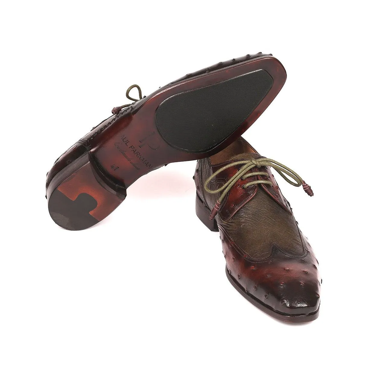 Paul Parkman Men's Designer Shoes Brown & Green Ostrich-Skin / Calf-Skin Leather Wing-Tip Oxfords 844H389 (PM6204)