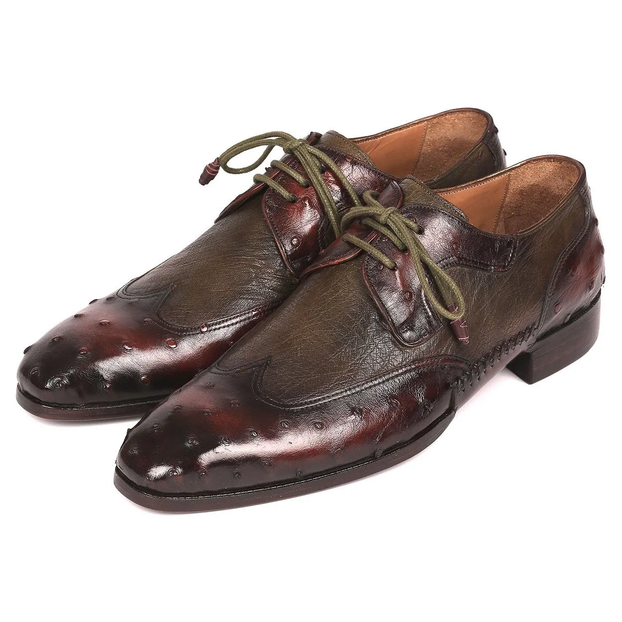 Paul Parkman Men's Designer Shoes Brown & Green Ostrich-Skin / Calf-Skin Leather Wing-Tip Oxfords 844H389 (PM6204)