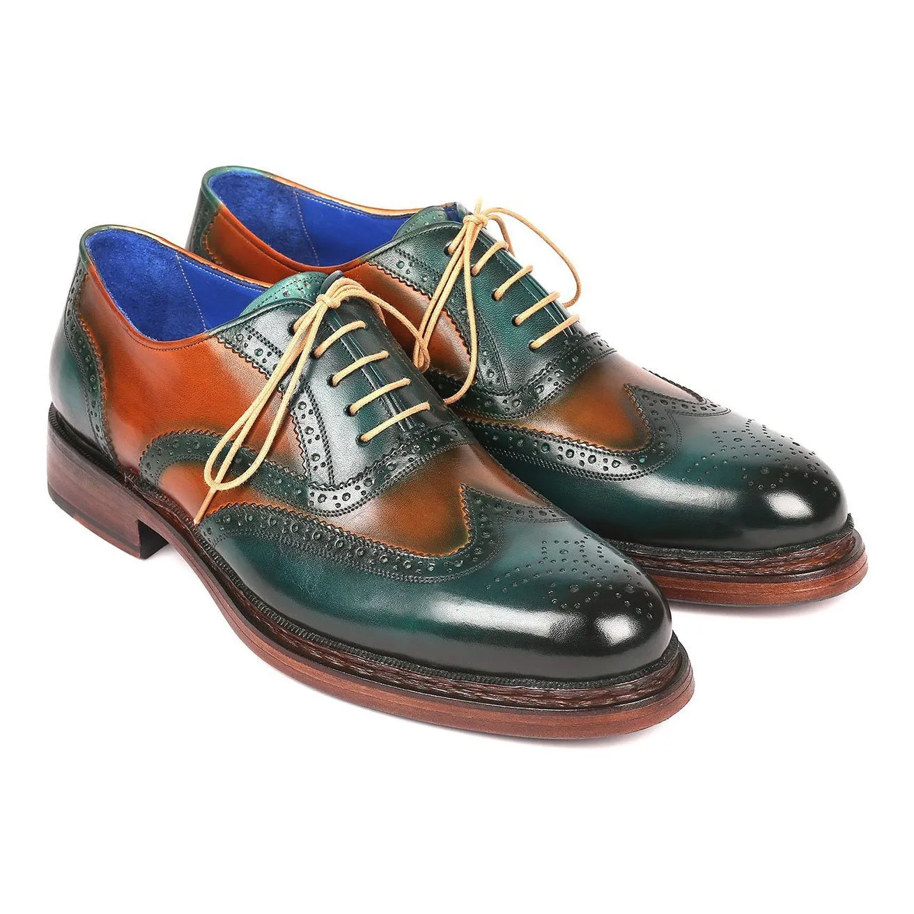 Paul Parkman Men's Designer Shoes Green & Tobacco Calf-Skin Leather Wing-Tip Oxfords 027-GRN-TAB (PM6207)