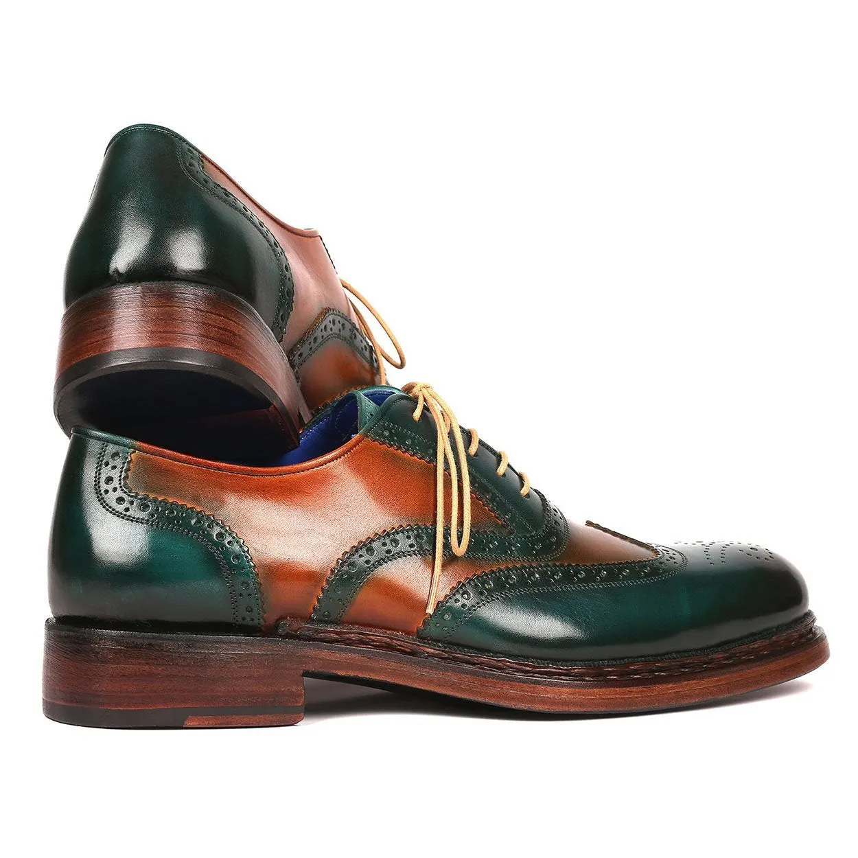 Paul Parkman Men's Designer Shoes Green & Tobacco Calf-Skin Leather Wing-Tip Oxfords 027-GRN-TAB (PM6207)