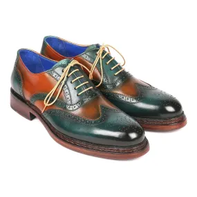 Paul Parkman Men's Designer Shoes Green & Tobacco Calf-Skin Leather Wing-Tip Oxfords 027-GRN-TAB (PM6207)