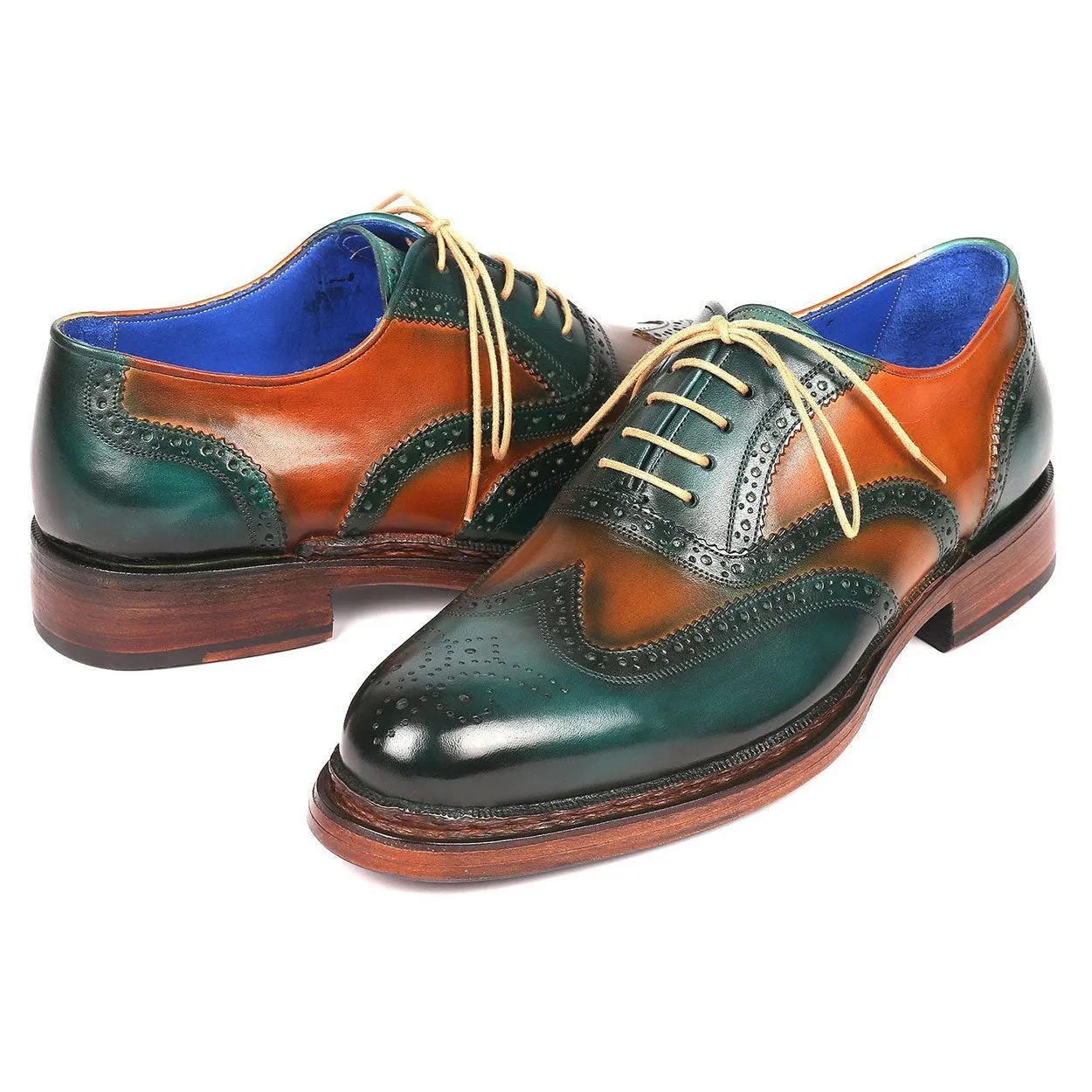 Paul Parkman Men's Designer Shoes Green & Tobacco Calf-Skin Leather Wing-Tip Oxfords 027-GRN-TAB (PM6207)