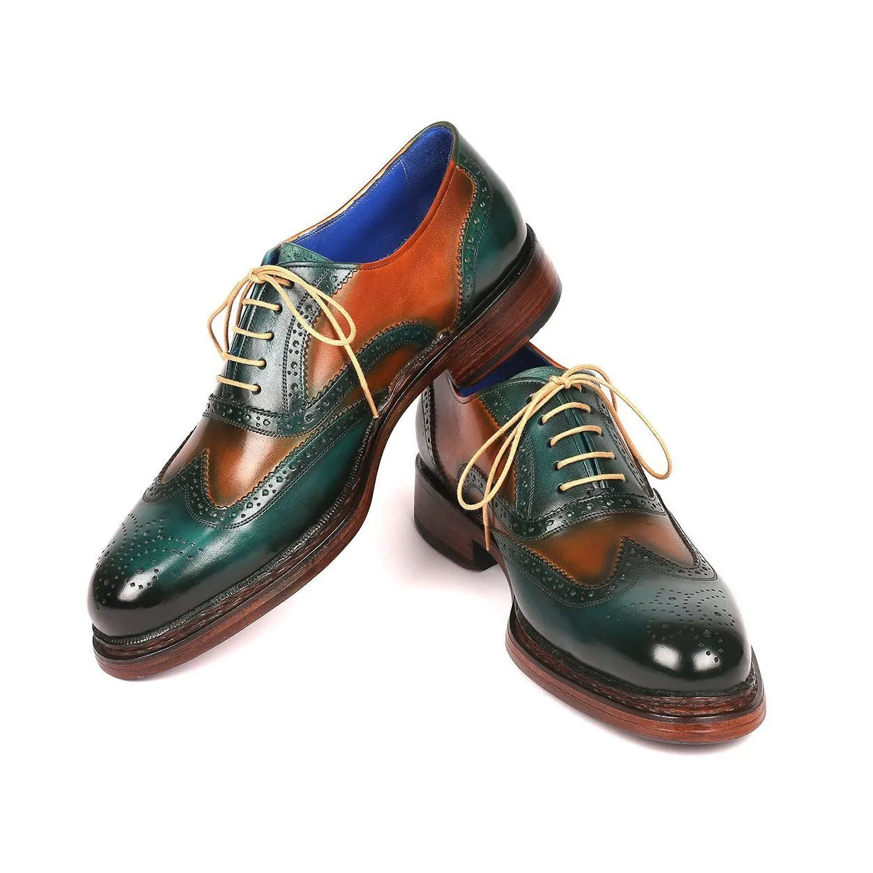 Paul Parkman Men's Designer Shoes Green & Tobacco Calf-Skin Leather Wing-Tip Oxfords 027-GRN-TAB (PM6207)