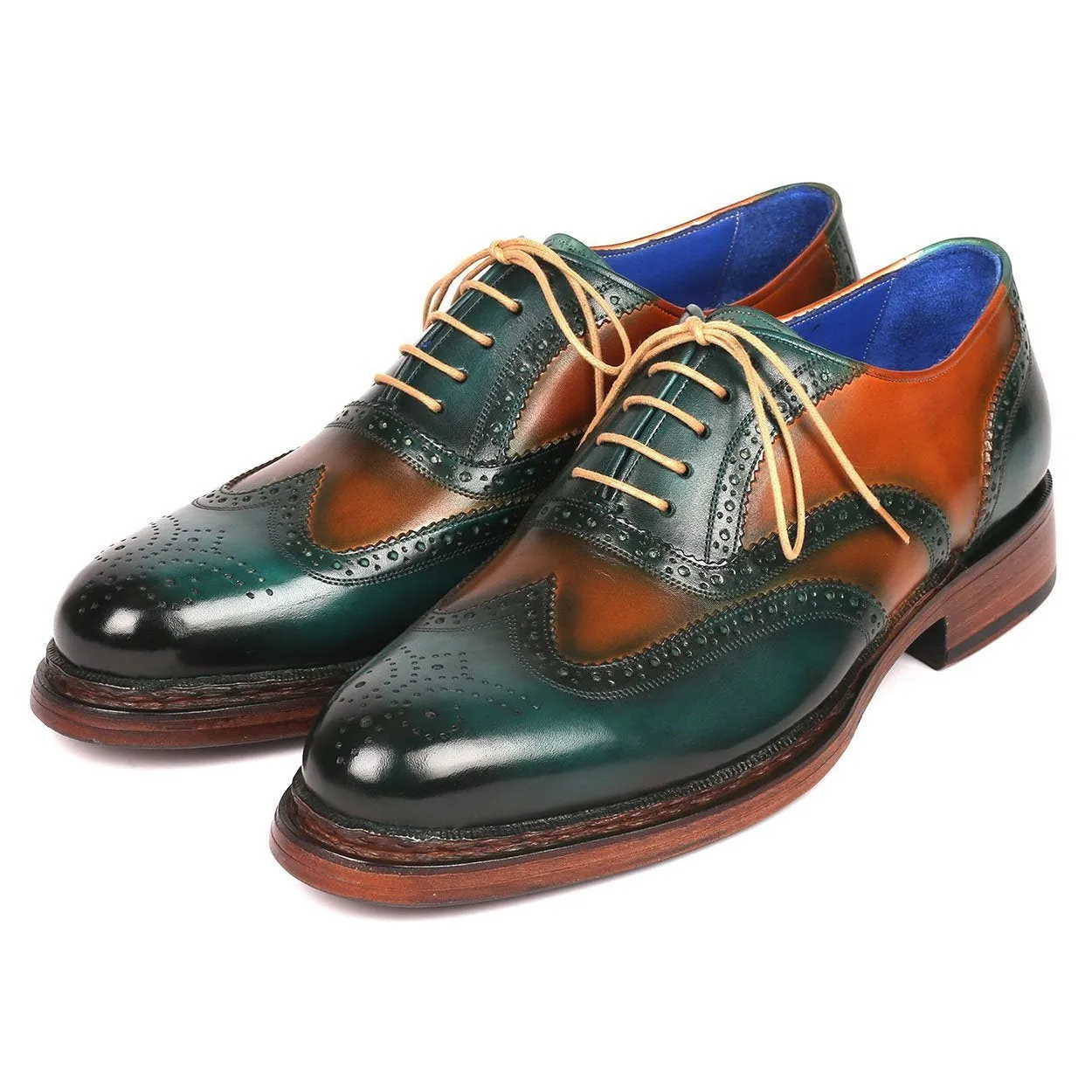 Paul Parkman Men's Designer Shoes Green & Tobacco Calf-Skin Leather Wing-Tip Oxfords 027-GRN-TAB (PM6207)