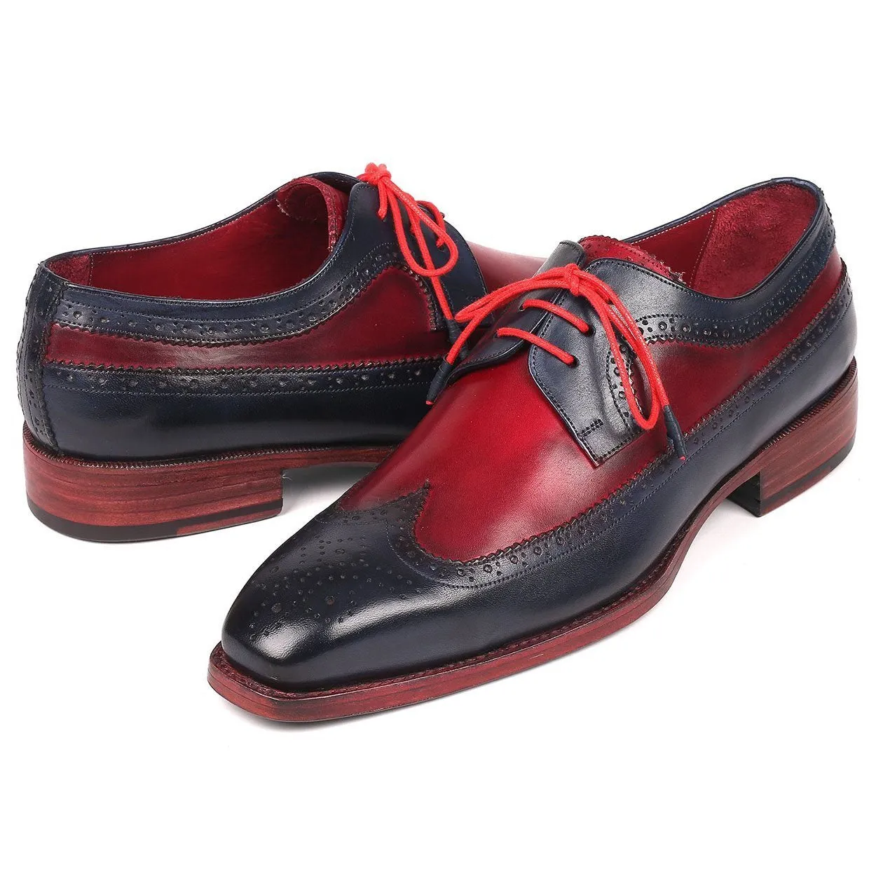 Paul Parkman Men's Designer Shoes Navy & Bordeaux Red Calf-Skin Leather Wing-Tip Oxfords 511N85 (PM6205)