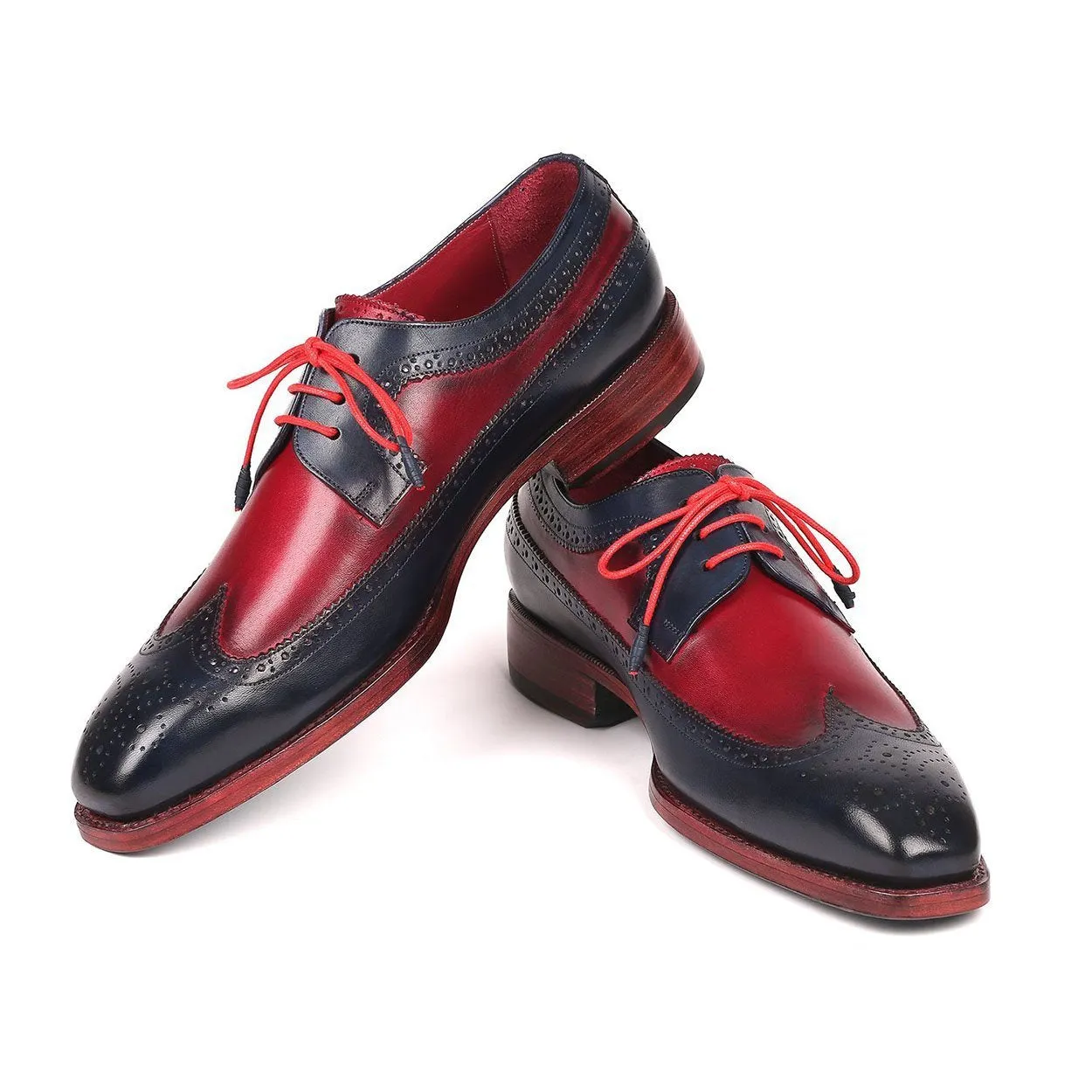 Paul Parkman Men's Designer Shoes Navy & Bordeaux Red Calf-Skin Leather Wing-Tip Oxfords 511N85 (PM6205)