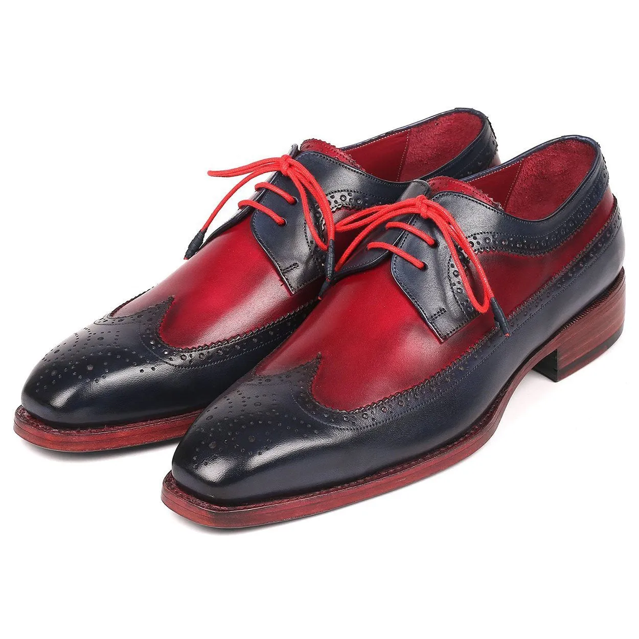 Paul Parkman Men's Designer Shoes Navy & Bordeaux Red Calf-Skin Leather Wing-Tip Oxfords 511N85 (PM6205)