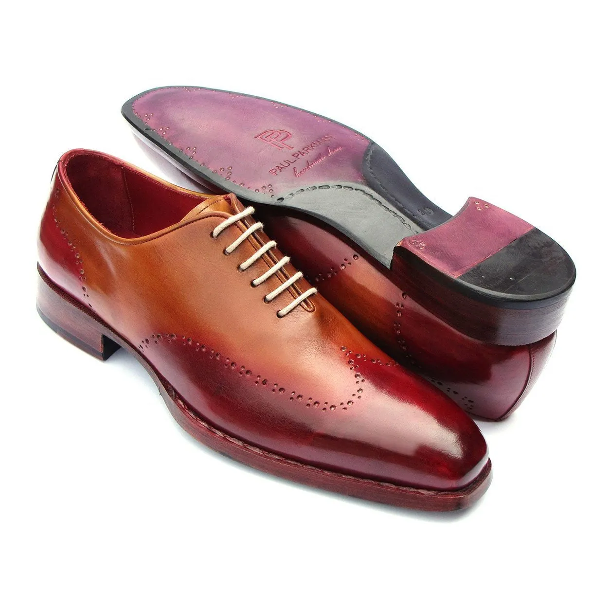 Paul Parkman Men's Shoes Bordeaux & Camel Calf-Skin Leather Goodyear Welted Wingtip Oxfords 081-RDT (PM6213)