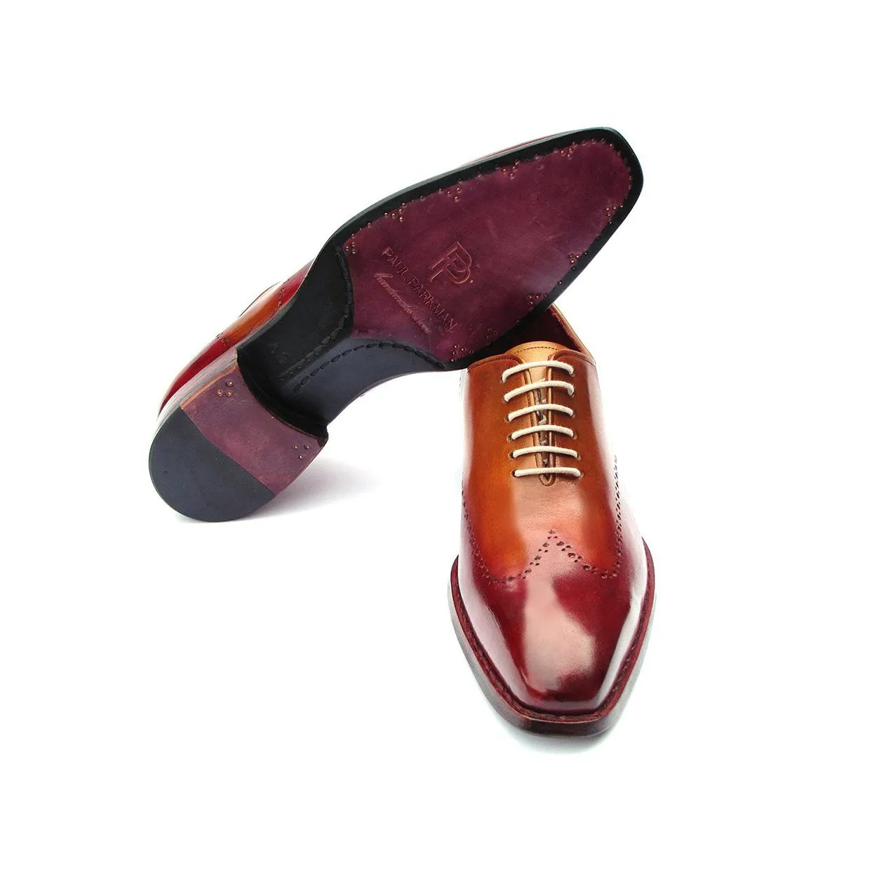 Paul Parkman Men's Shoes Bordeaux & Camel Calf-Skin Leather Goodyear Welted Wingtip Oxfords 081-RDT (PM6213)