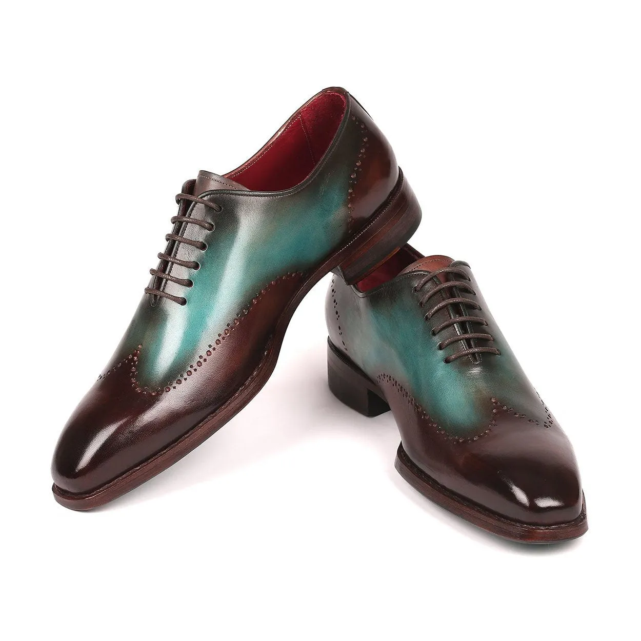 Paul Parkman Men's Shoes Brown & Turquoise Calf-Skin Leather Goodyear Welted Wingtip Oxfords 081-BTQ (PM6212)