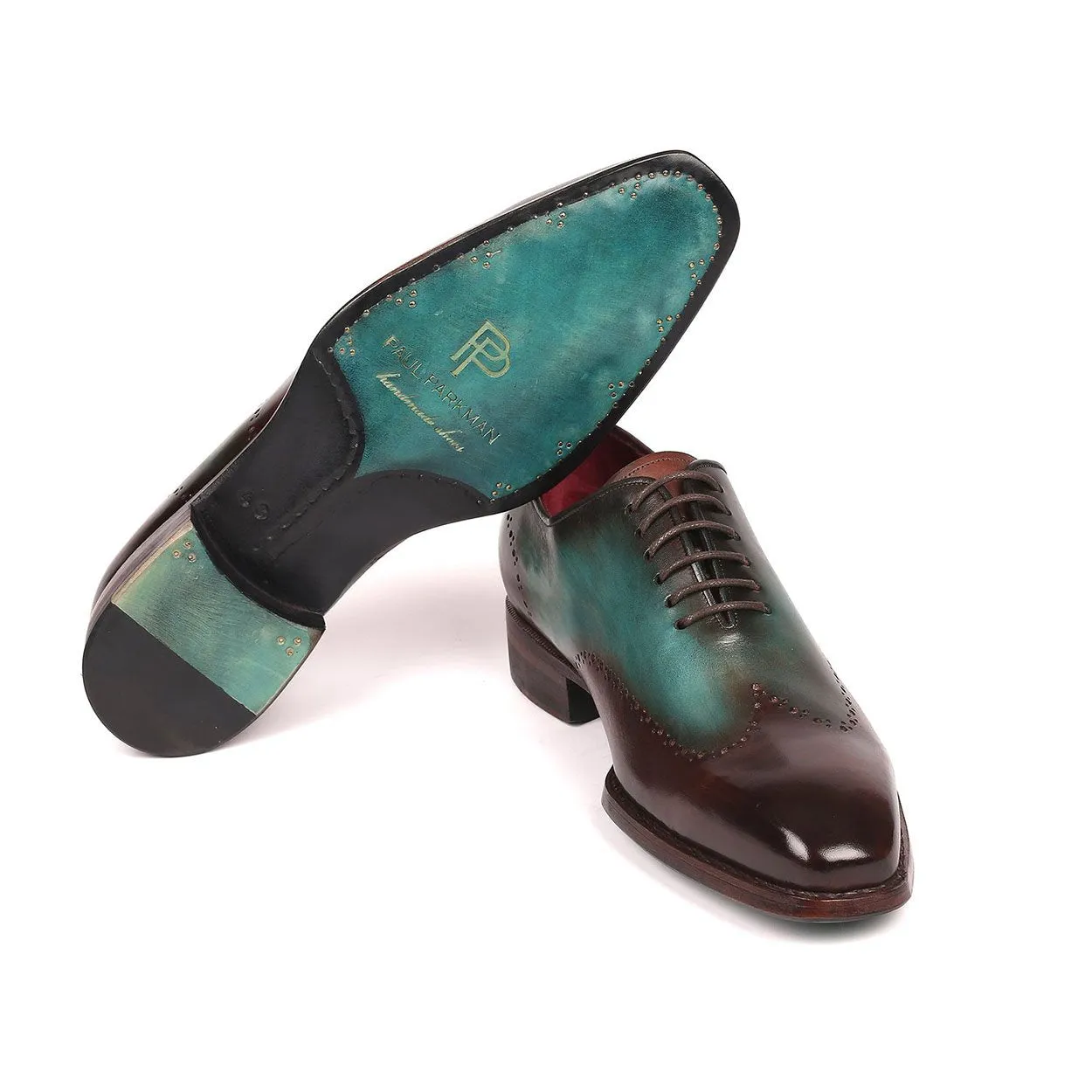 Paul Parkman Men's Shoes Brown & Turquoise Calf-Skin Leather Goodyear Welted Wingtip Oxfords 081-BTQ (PM6212)