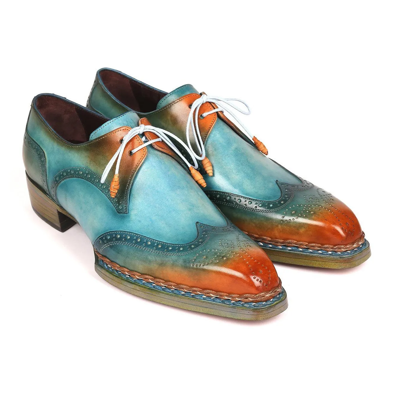 Paul Parkman Men's Shoes Turquoise & Tobacco Calf-Skin Leather Norwegian Welted Derby Oxfords 8506-TRQ (PM6215)