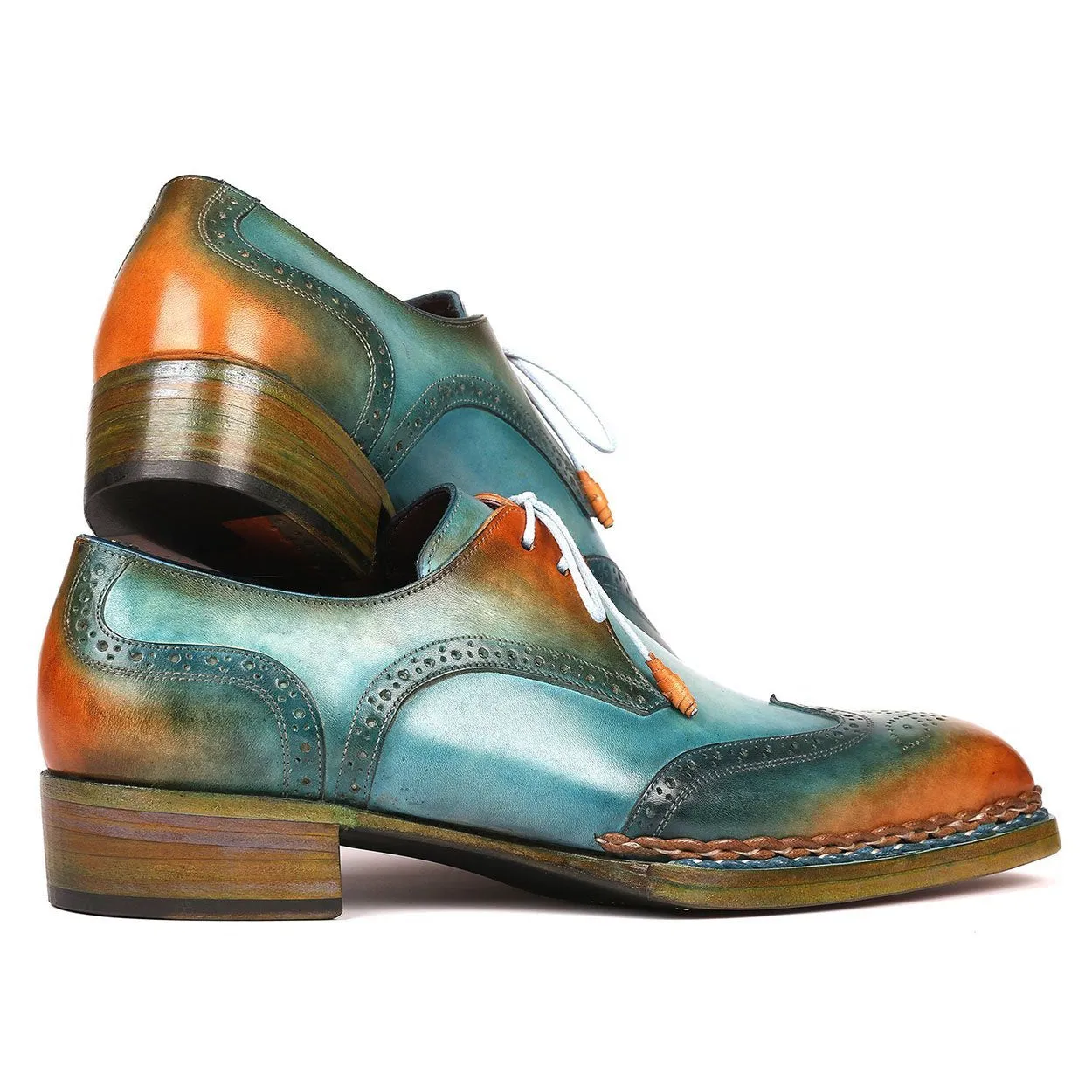 Paul Parkman Men's Shoes Turquoise & Tobacco Calf-Skin Leather Norwegian Welted Derby Oxfords 8506-TRQ (PM6215)