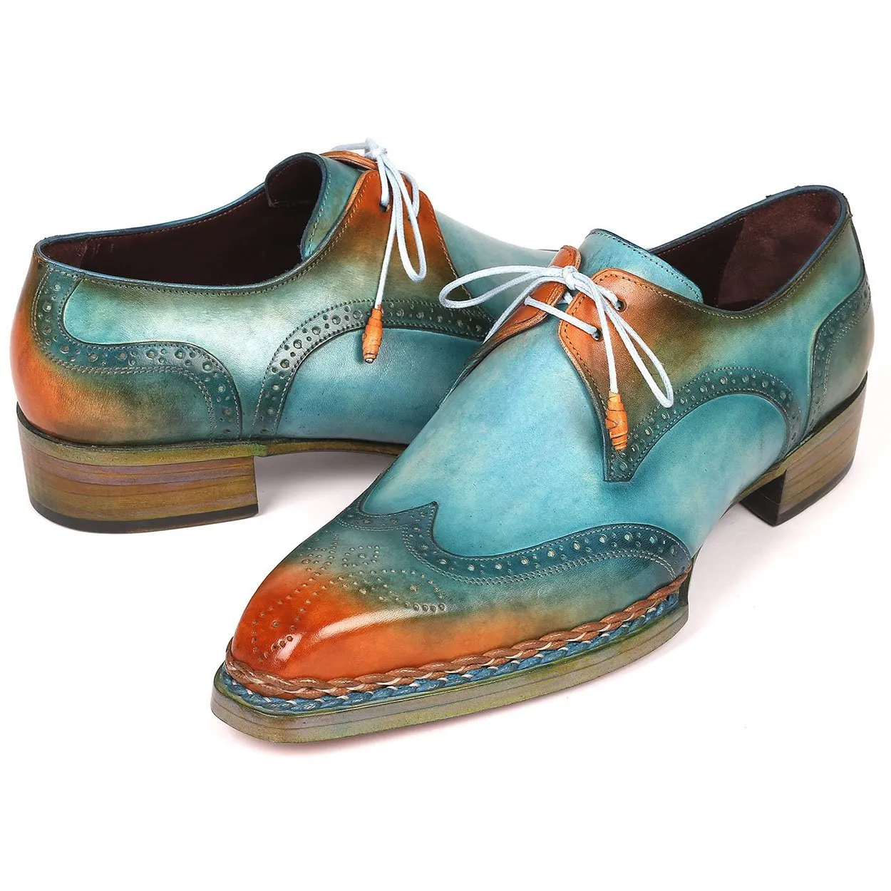 Paul Parkman Men's Shoes Turquoise & Tobacco Calf-Skin Leather Norwegian Welted Derby Oxfords 8506-TRQ (PM6215)