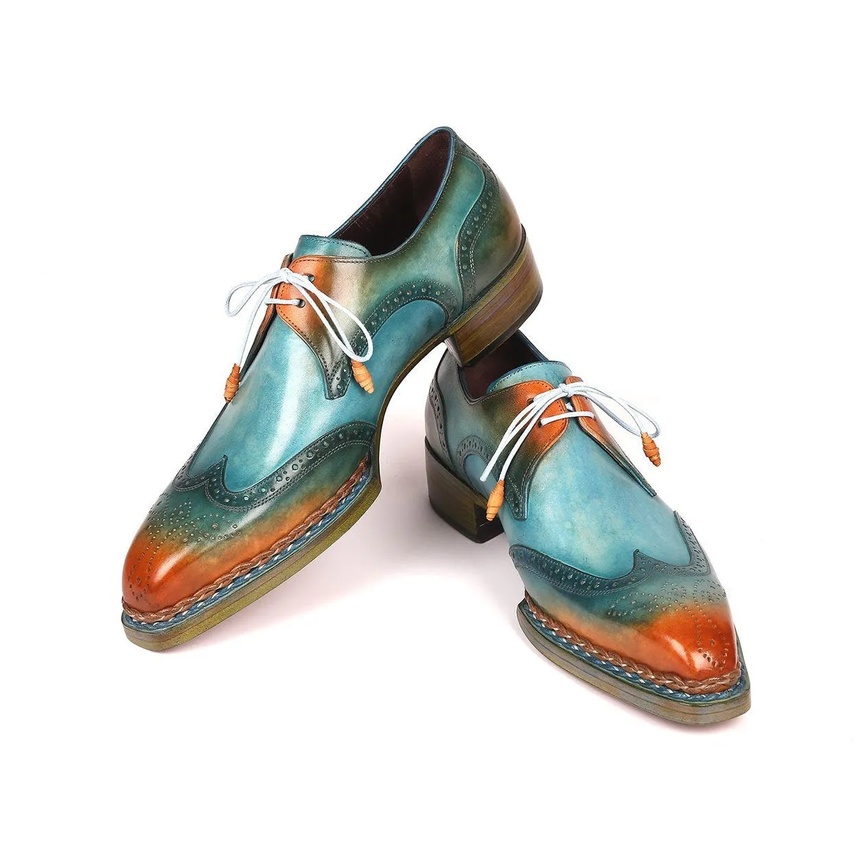 Paul Parkman Men's Shoes Turquoise & Tobacco Calf-Skin Leather Norwegian Welted Derby Oxfords 8506-TRQ (PM6215)