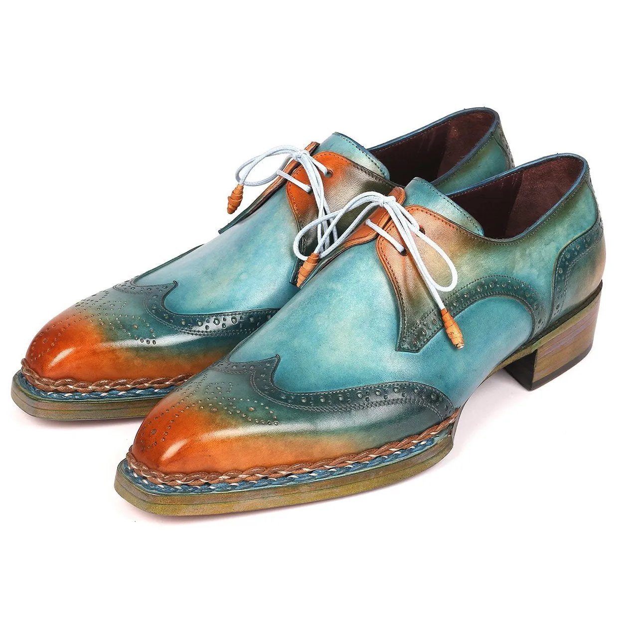 Paul Parkman Men's Shoes Turquoise & Tobacco Calf-Skin Leather Norwegian Welted Derby Oxfords 8506-TRQ (PM6215)