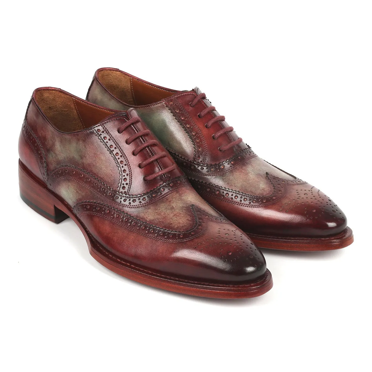 Paul Parkman PP22GB62 Men's Shoes Green & Bordeaux Calf-Skin Leather Goodyear Welted Dress Wingtip Oxfords (PM6325)