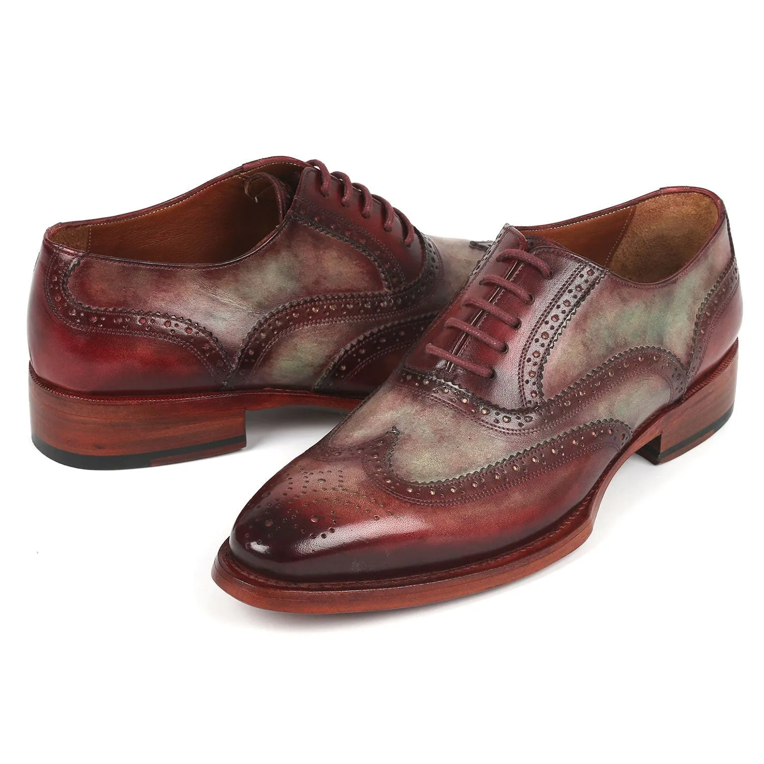 Paul Parkman PP22GB62 Men's Shoes Green & Bordeaux Calf-Skin Leather Goodyear Welted Dress Wingtip Oxfords (PM6325)