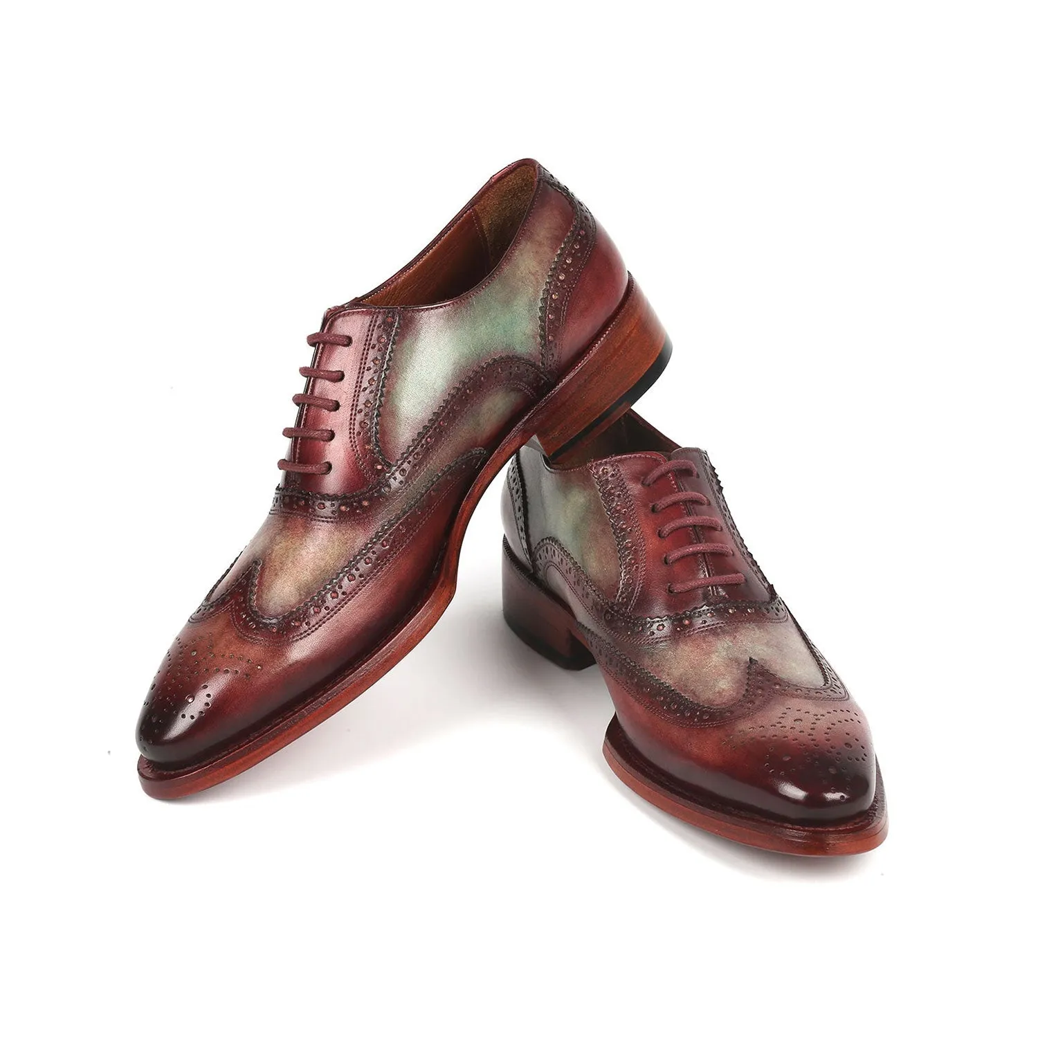 Paul Parkman PP22GB62 Men's Shoes Green & Bordeaux Calf-Skin Leather Goodyear Welted Dress Wingtip Oxfords (PM6325)