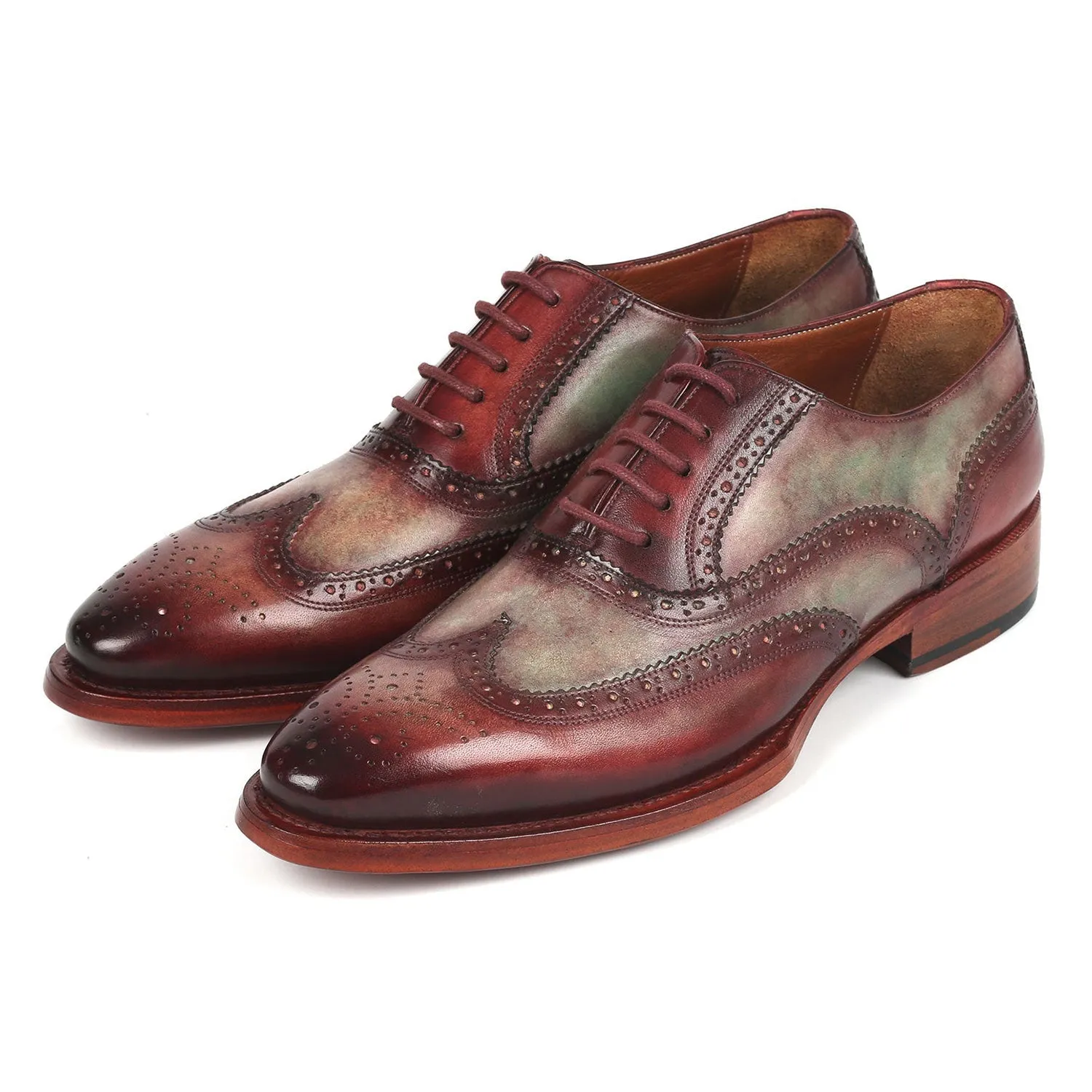 Paul Parkman PP22GB62 Men's Shoes Green & Bordeaux Calf-Skin Leather Goodyear Welted Dress Wingtip Oxfords (PM6325)