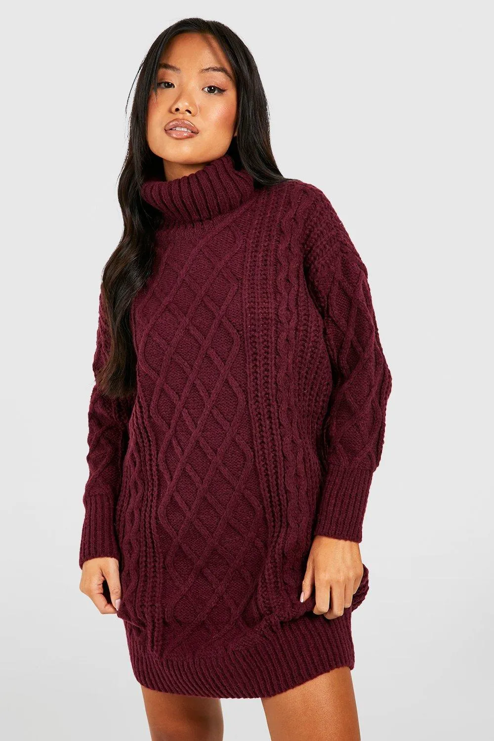 Petite Turtleneck Diamond Cable Knit Sweater Dress