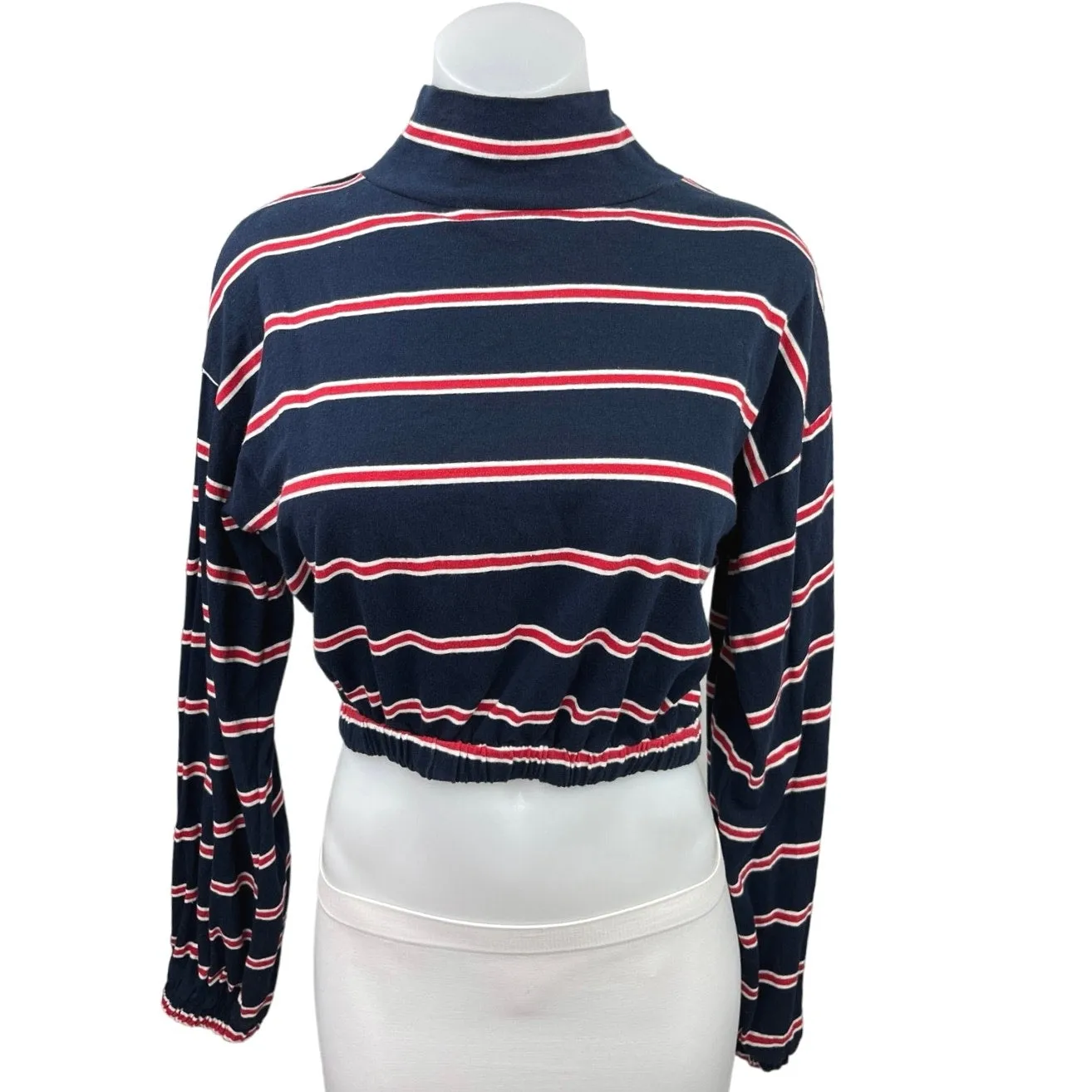 Sabo Skirt Navy Blue Red Turtleneck Long Sleeve Crop Pullover Sweater Top Sz S