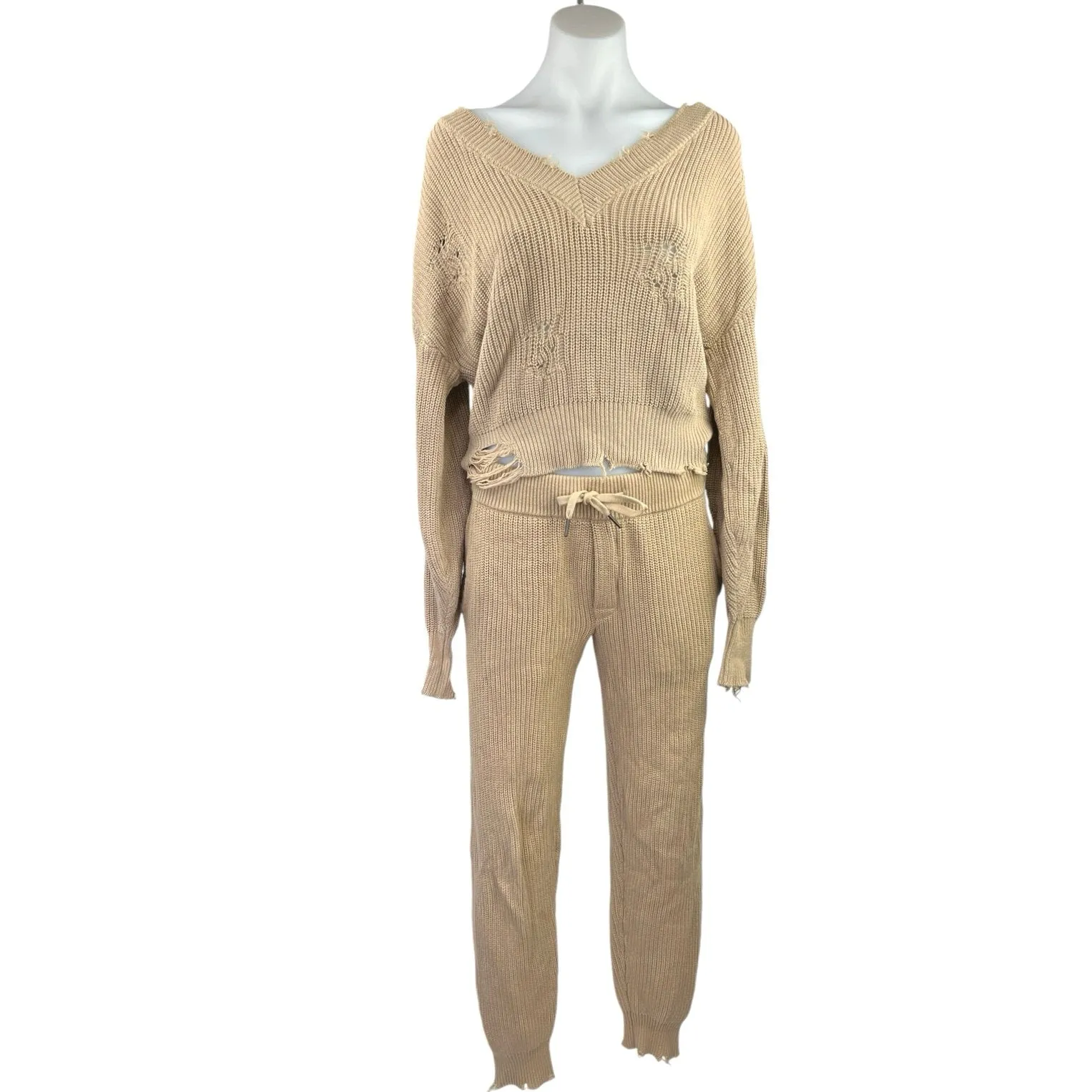 SER.O.YA Tan Ida Knit Distressed Sweater Jogger Sweat Pants 2 Pc Set Size XS