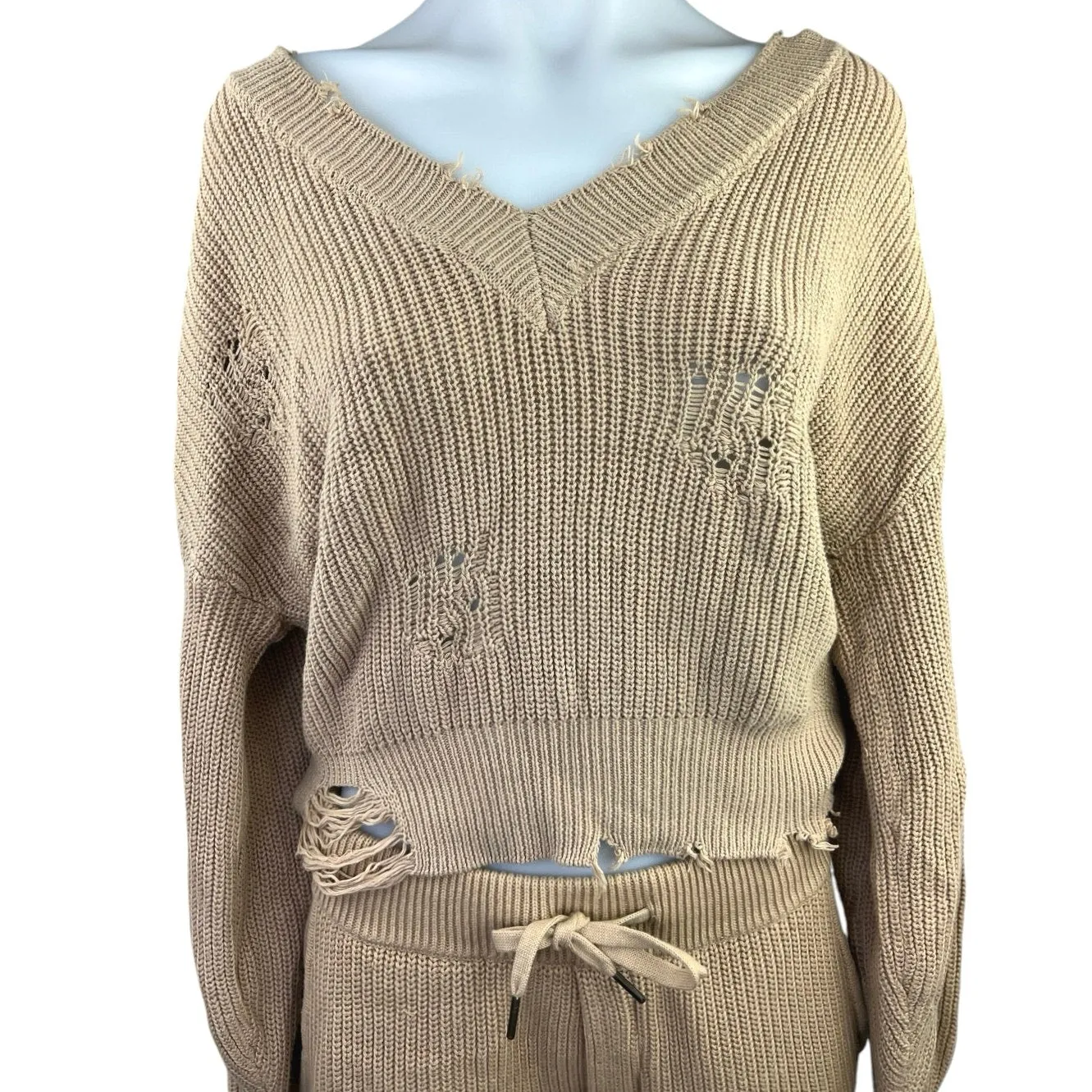 SER.O.YA Tan Ida Knit Distressed Sweater Jogger Sweat Pants 2 Pc Set Size XS