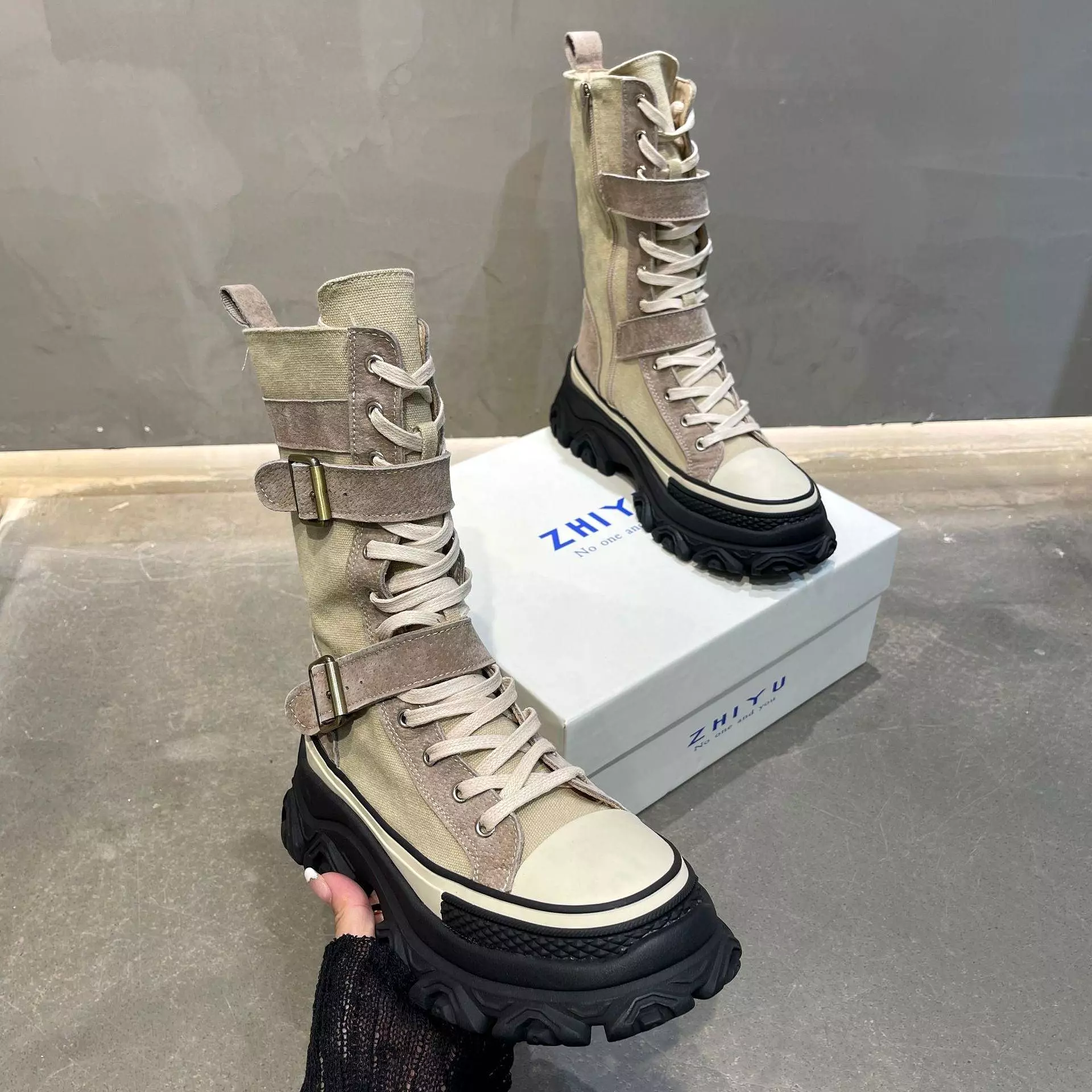 Strap Platform Camo Sneaker Boots