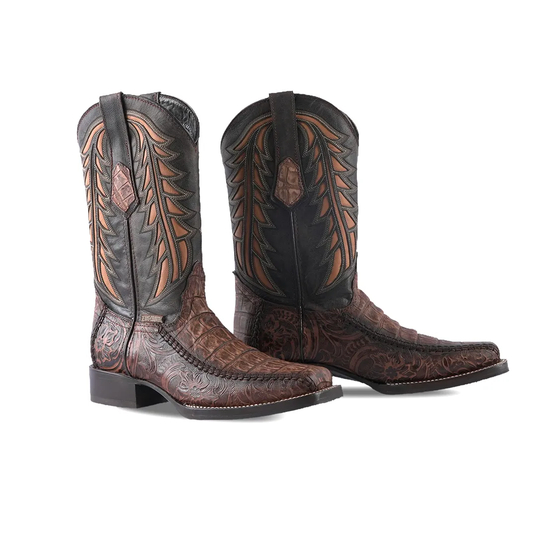 Texas Country Western Boot Cincelado Rustico Natural Rodeo Toe E695