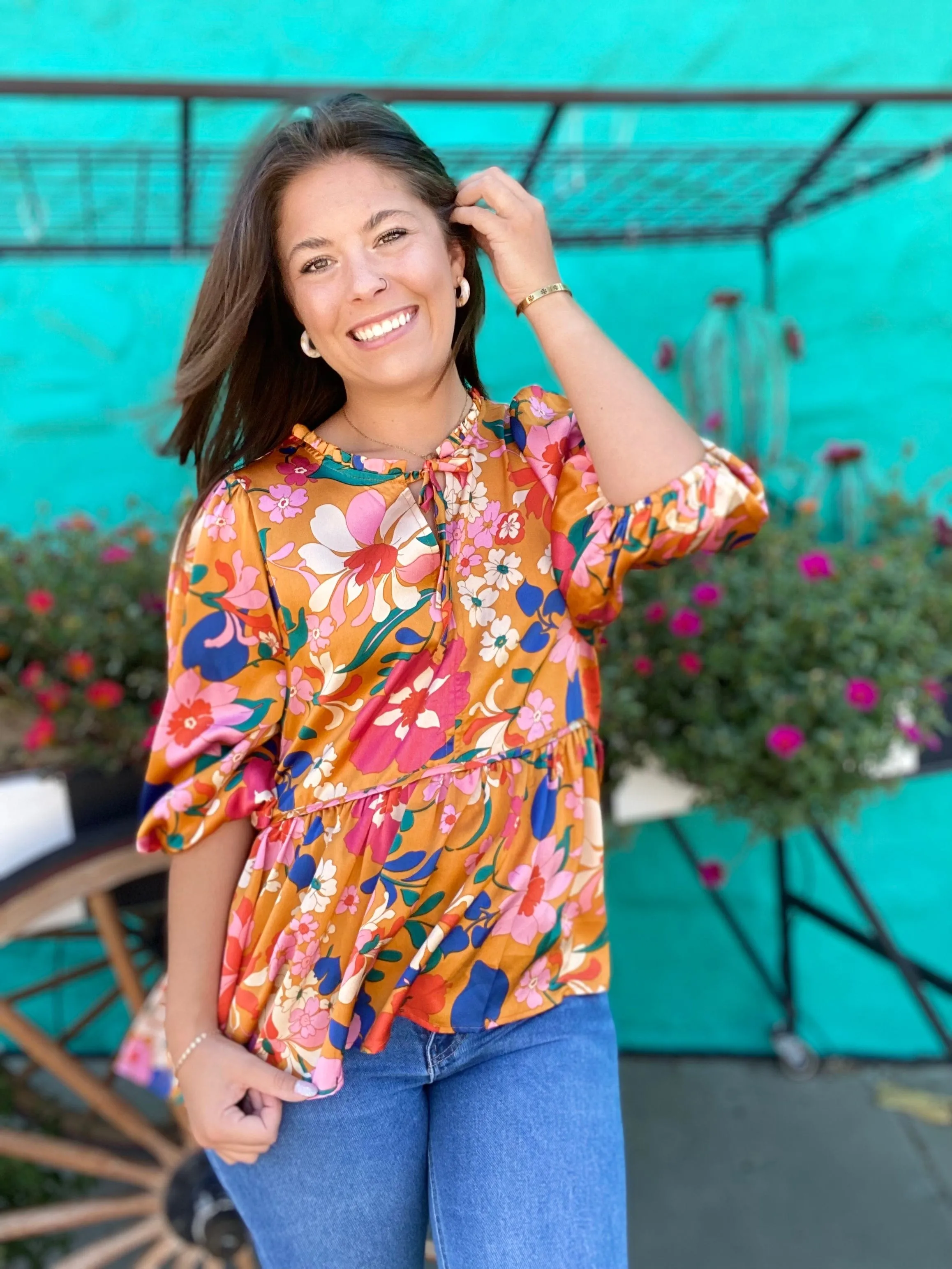 Umgee Floral Satin Top- Ginger