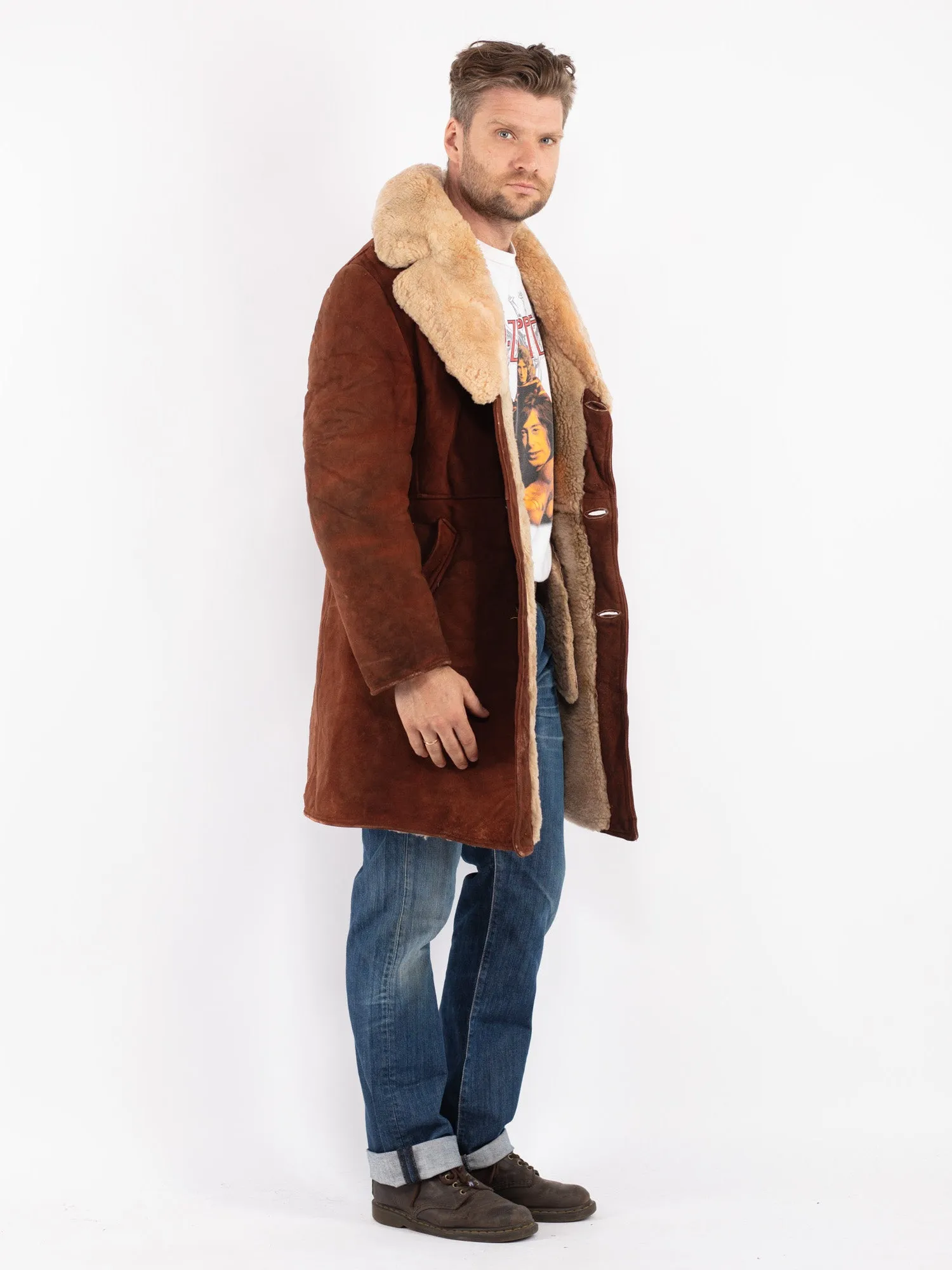 Vintage 70's Men Sheepskin Shearling Coat in Brown