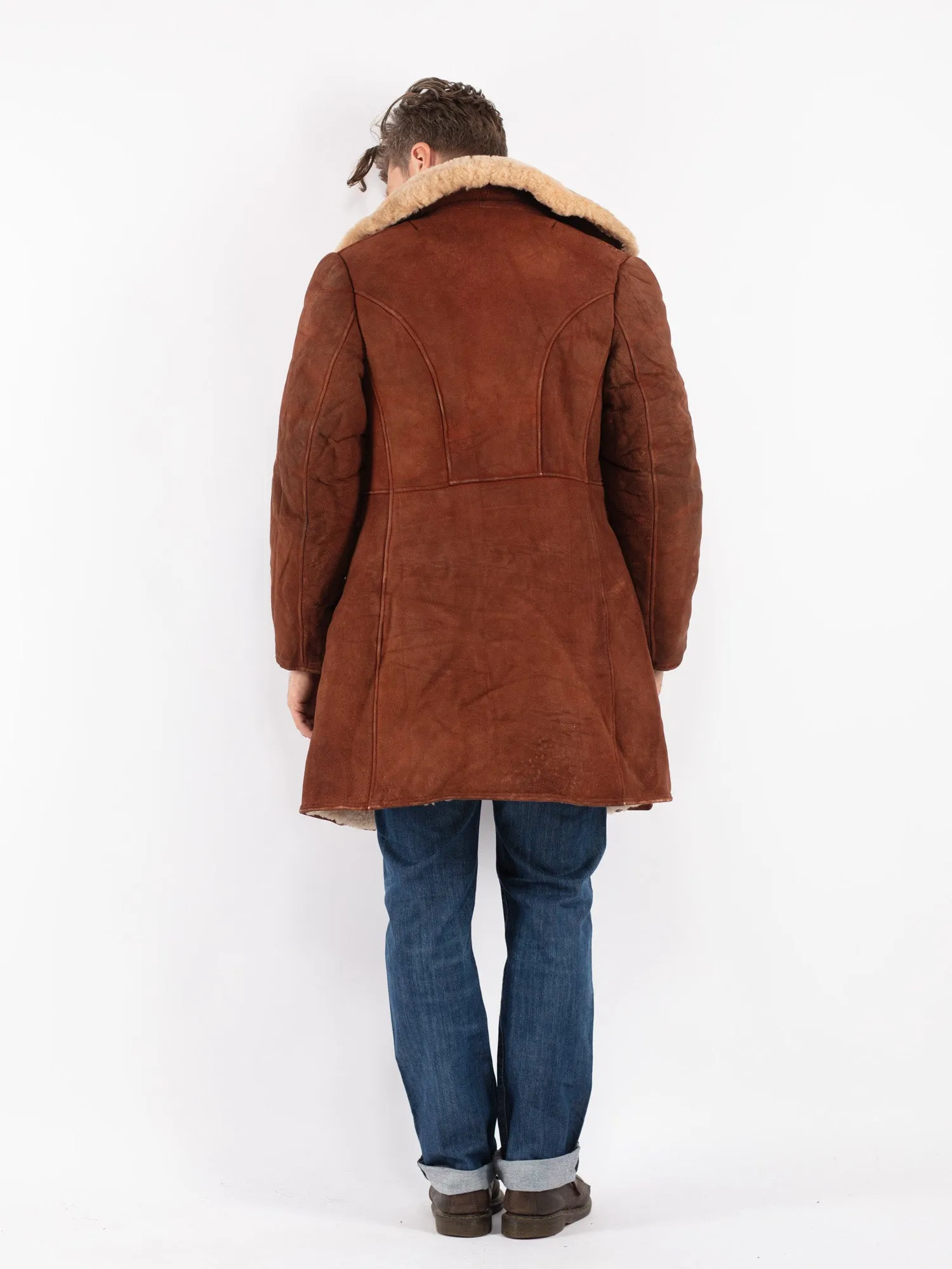 Vintage 70's Men Sheepskin Shearling Coat in Brown