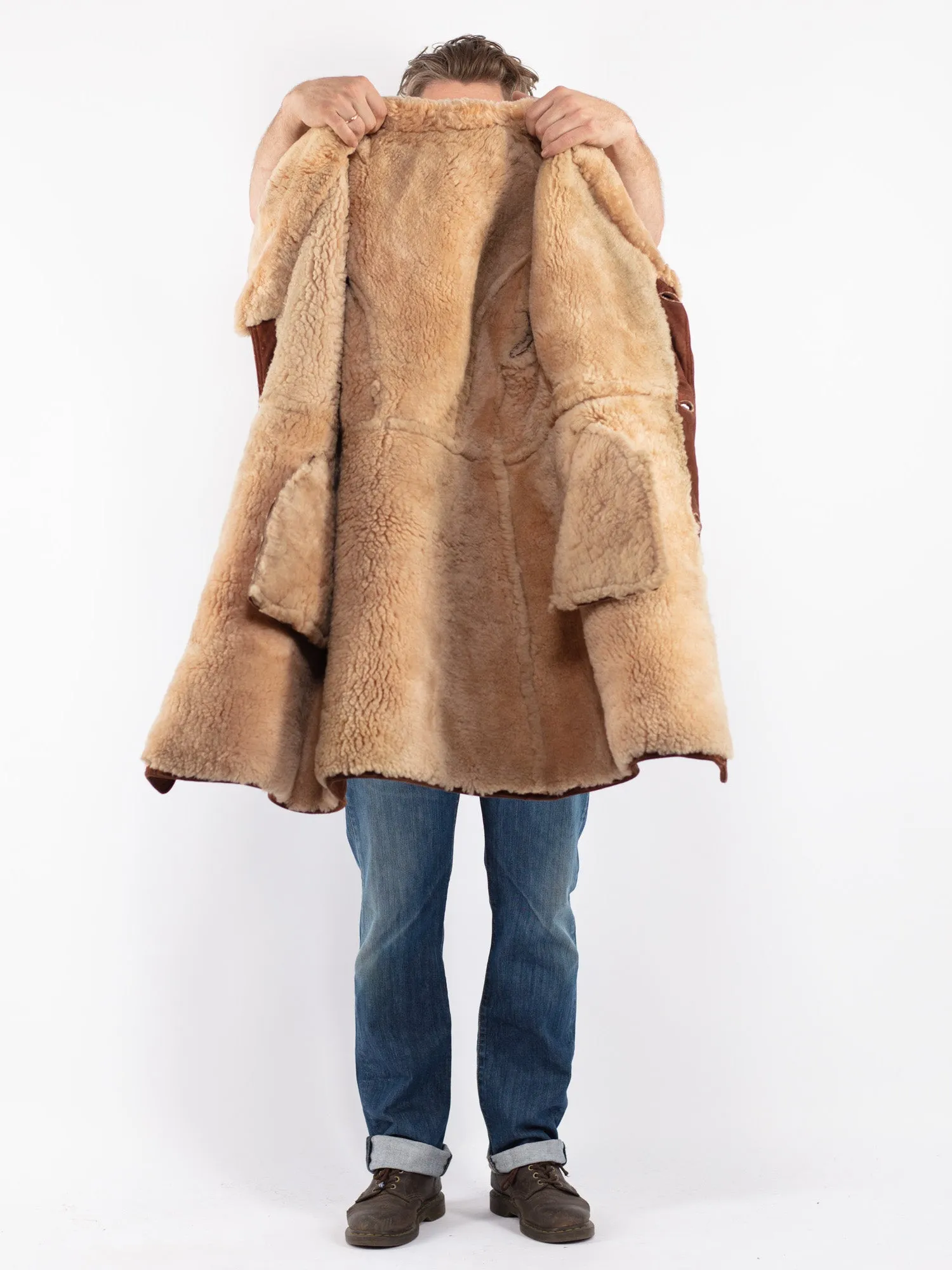 Vintage 70's Men Sheepskin Shearling Coat in Brown