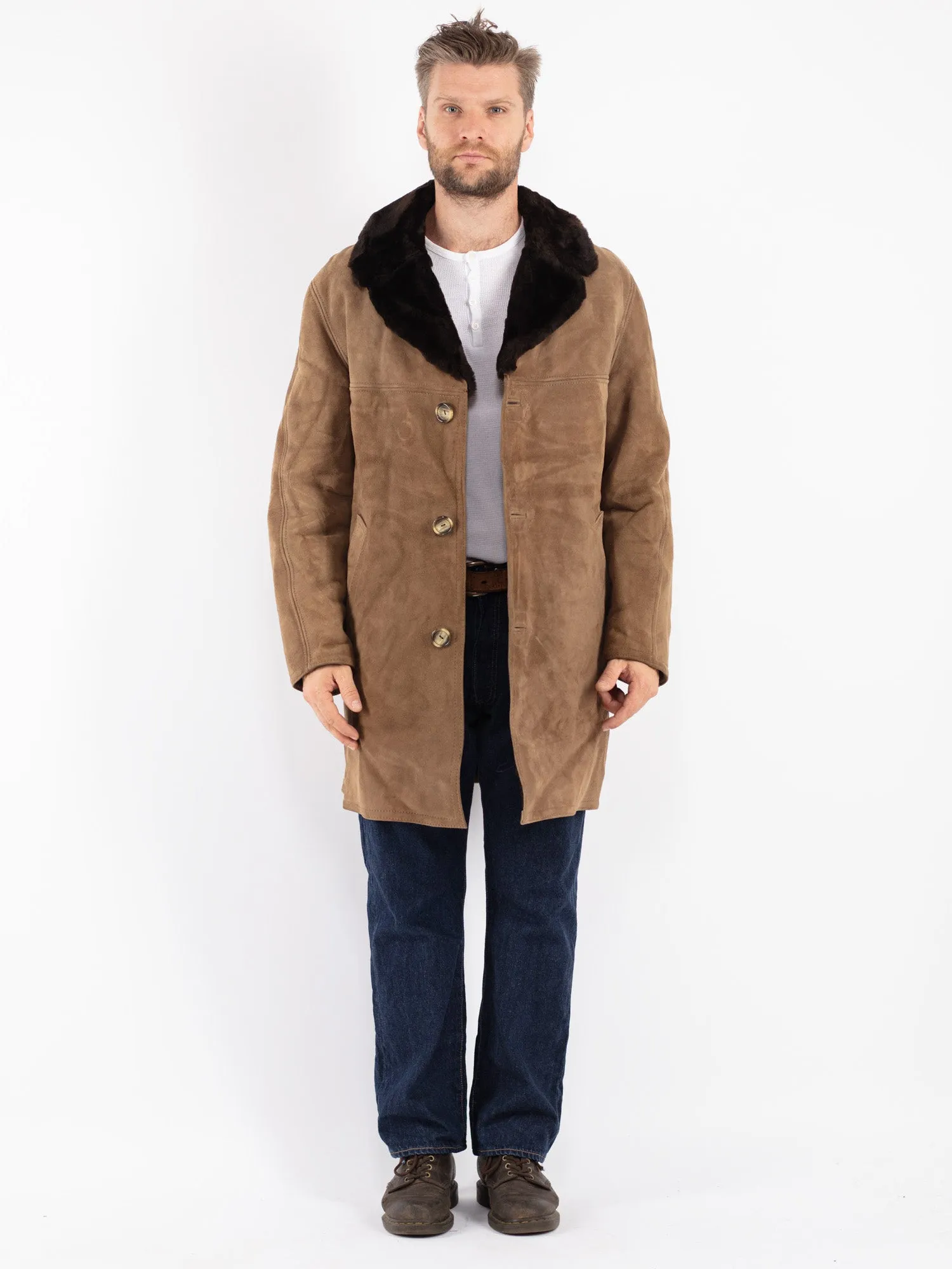 Vintage 70's Men Suede Sherpa Coat in Beige