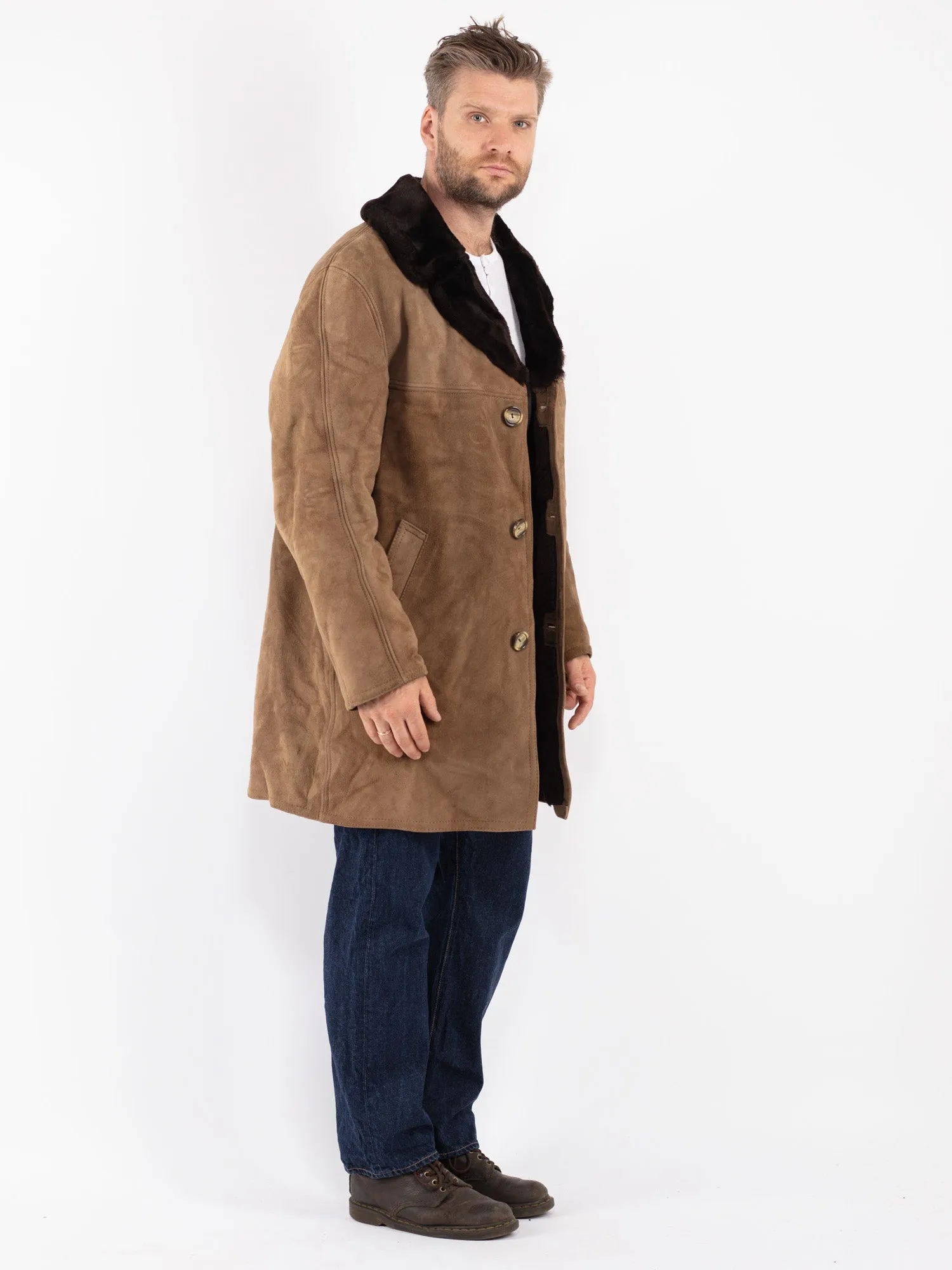 Vintage 70's Men Suede Sherpa Coat in Beige