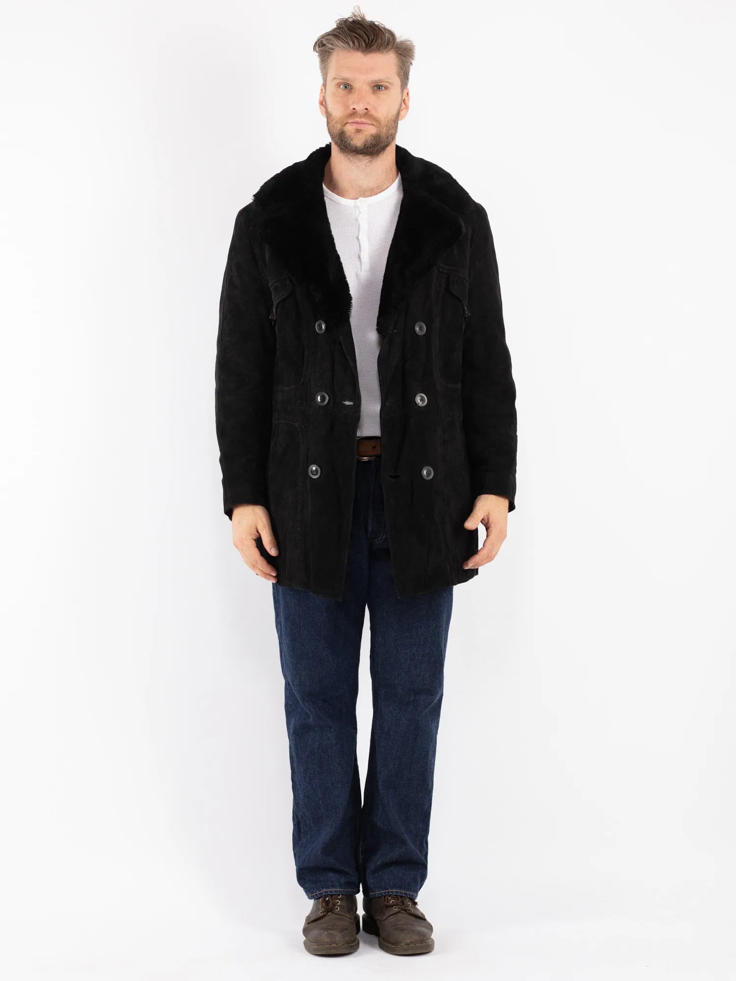 Vintage 70's Men Suede Sherpa Coat in Black