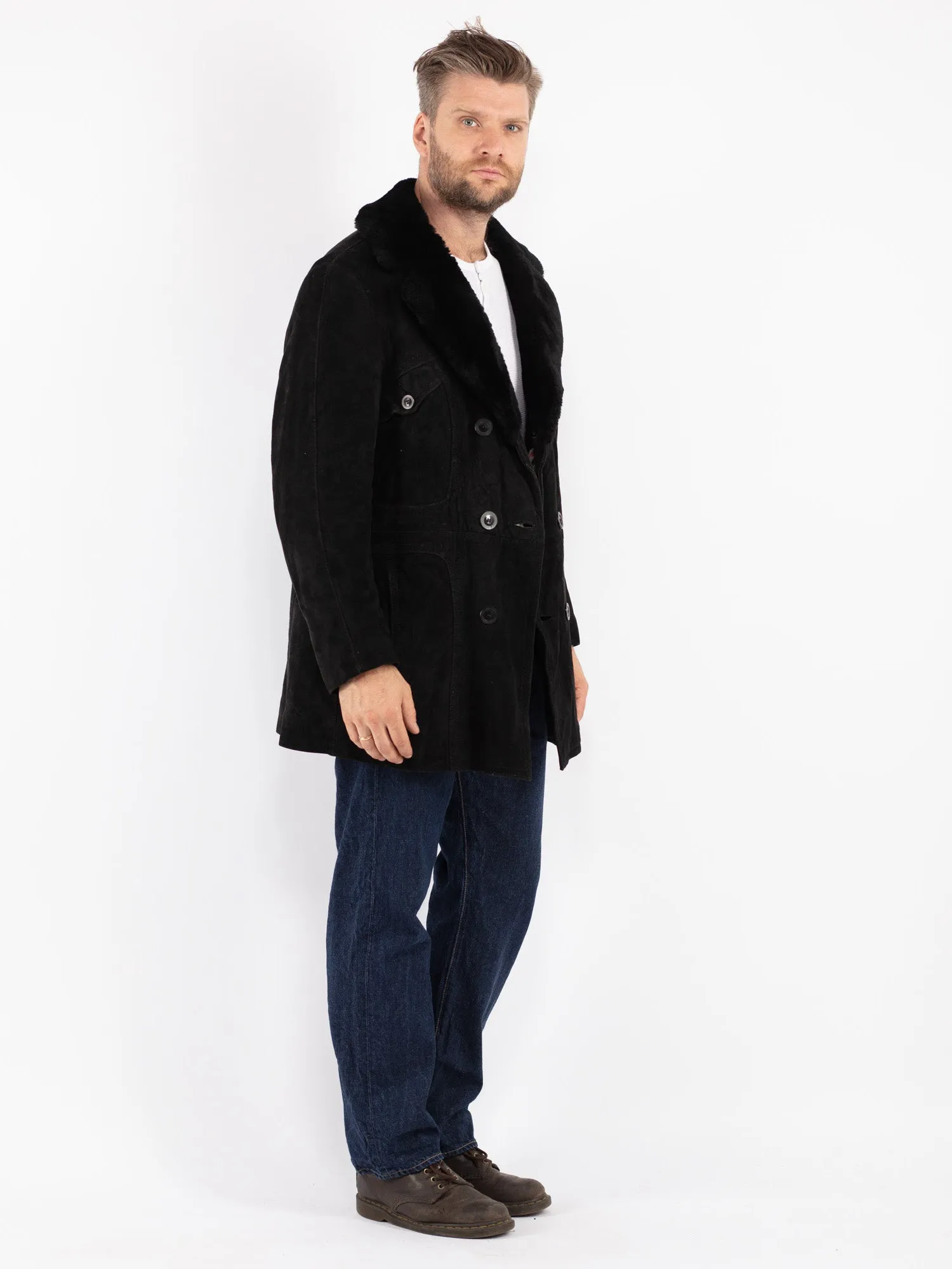 Vintage 70's Men Suede Sherpa Coat in Black